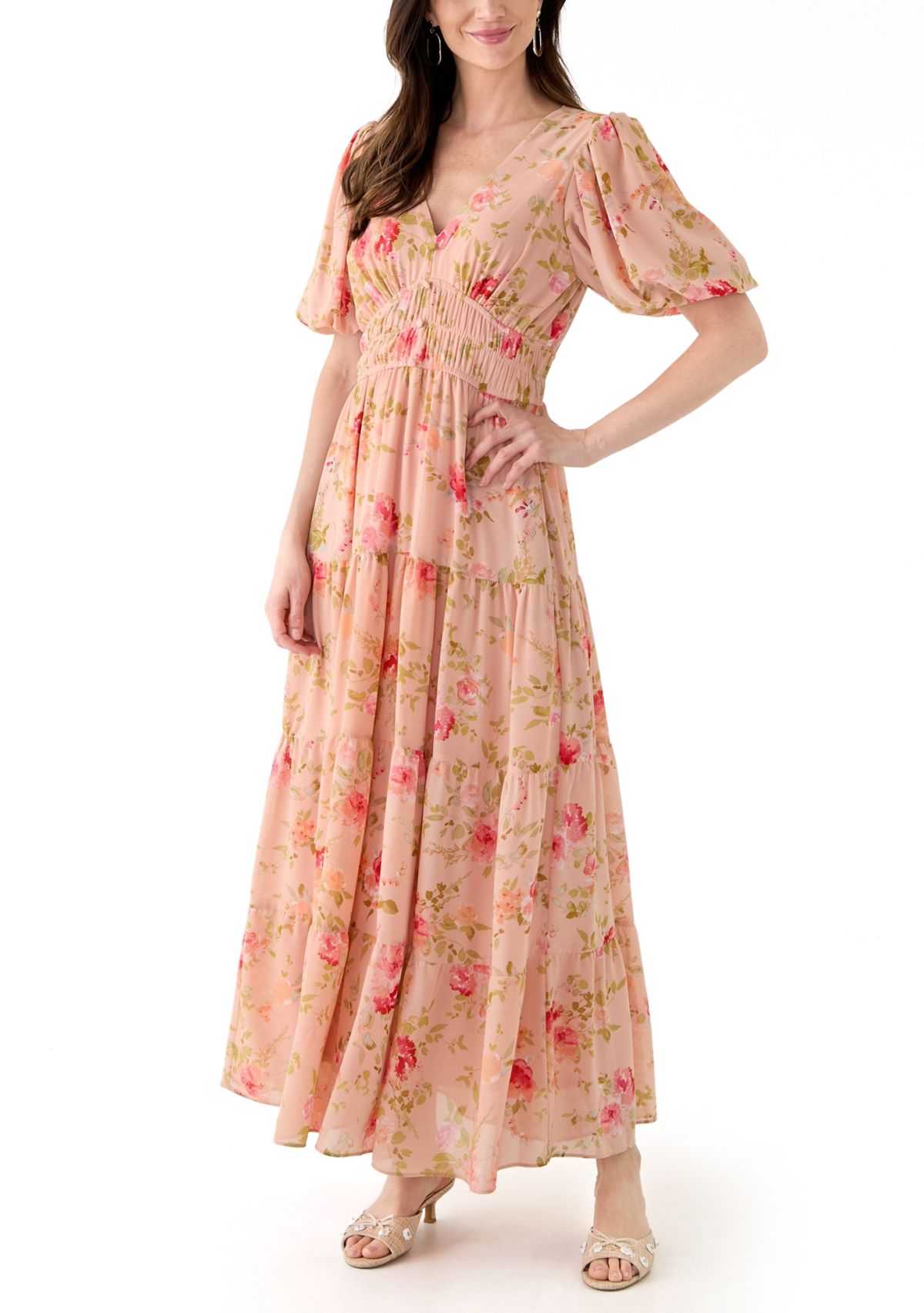 Womens Puff Sleeve Ditsy Floral Maxi Dress