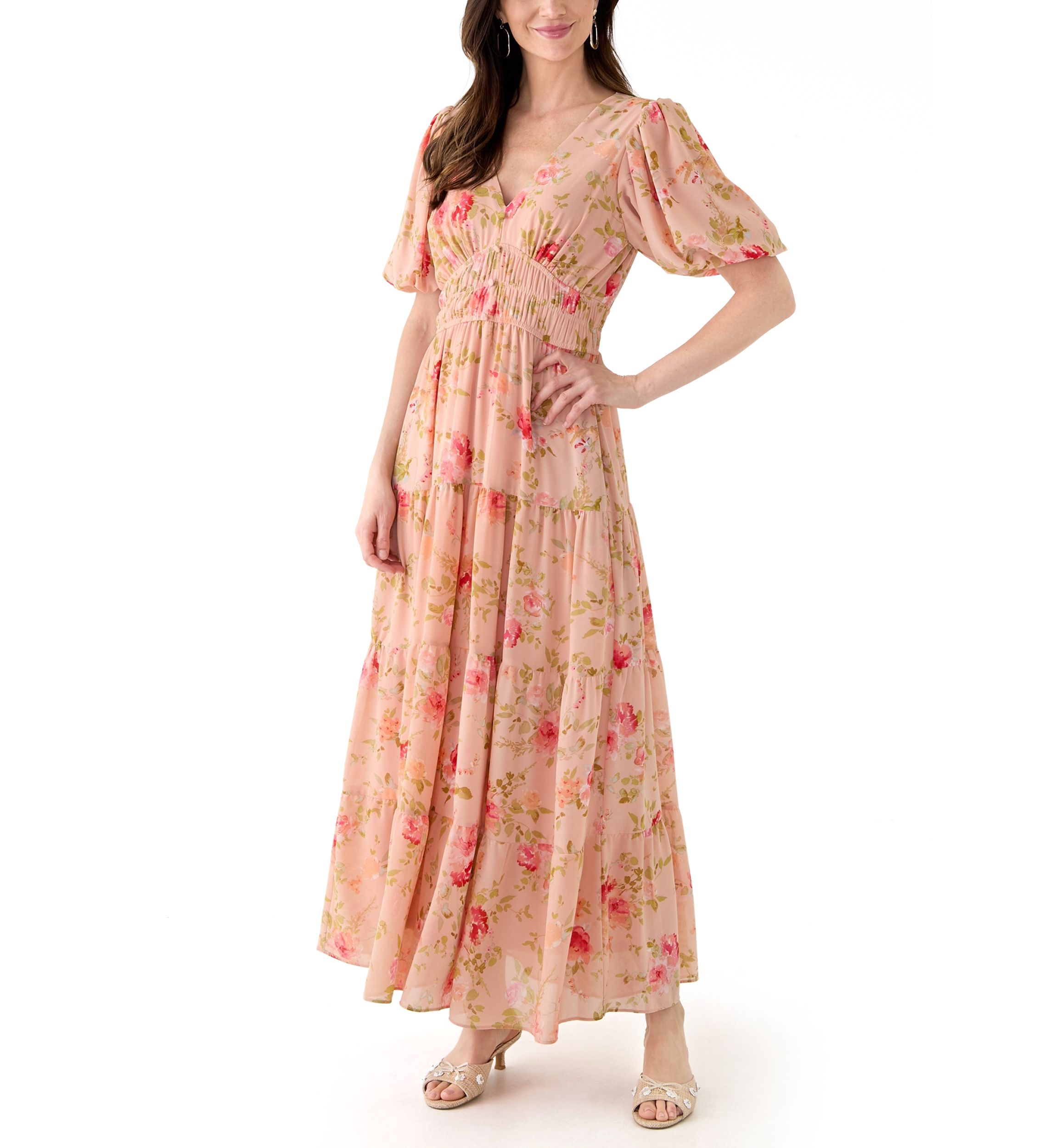 Womens Puff Sleeve Ditsy Floral Maxi Dress