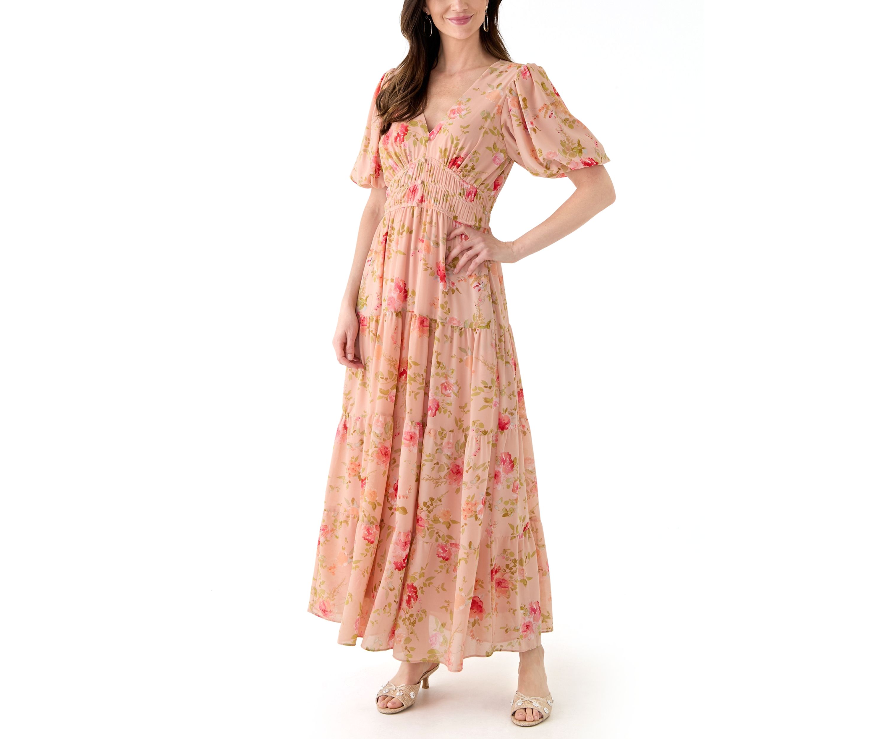 Womens Puff Sleeve Ditsy Floral Maxi Dress