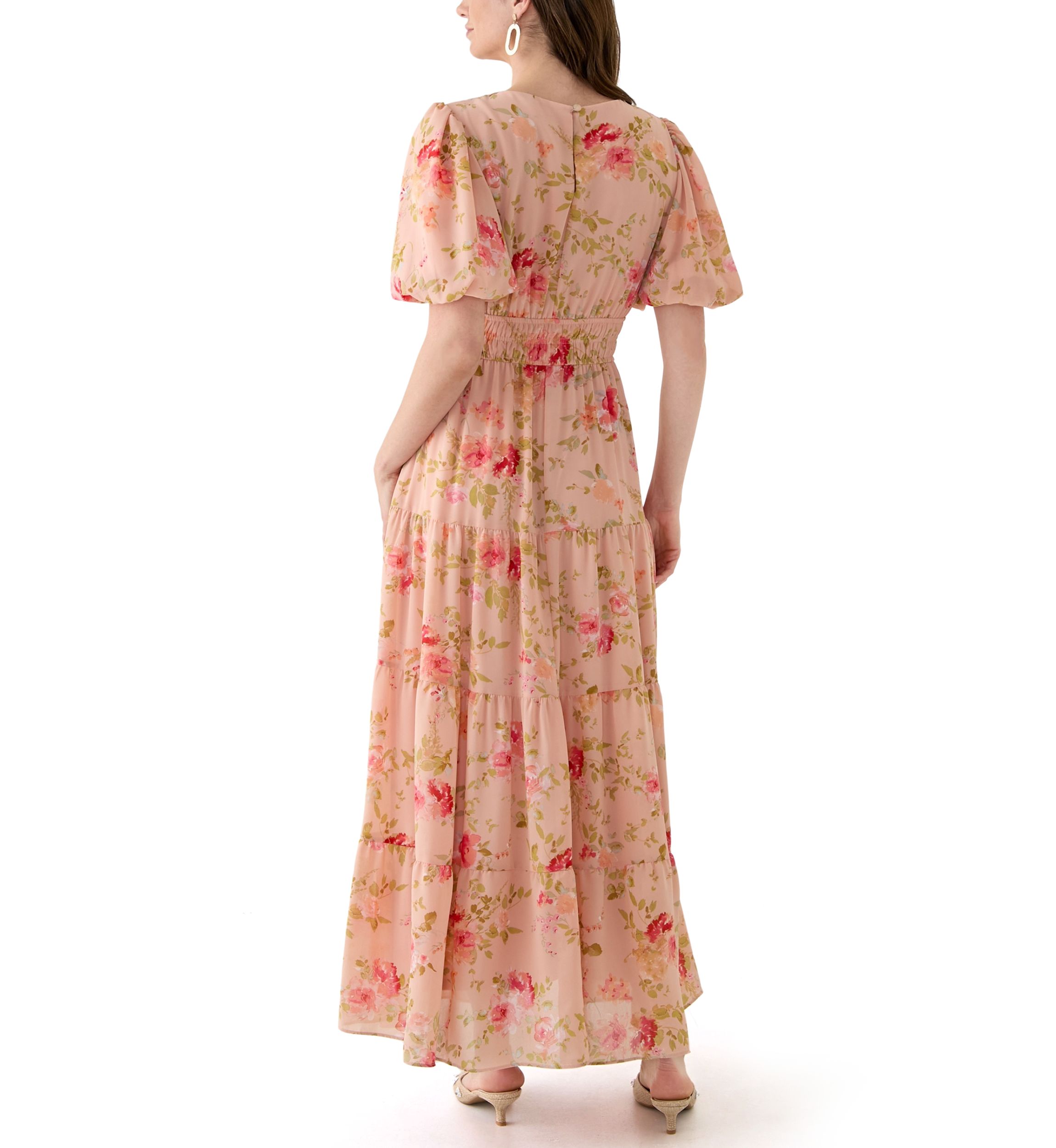 Womens Puff Sleeve Ditsy Floral Maxi Dress