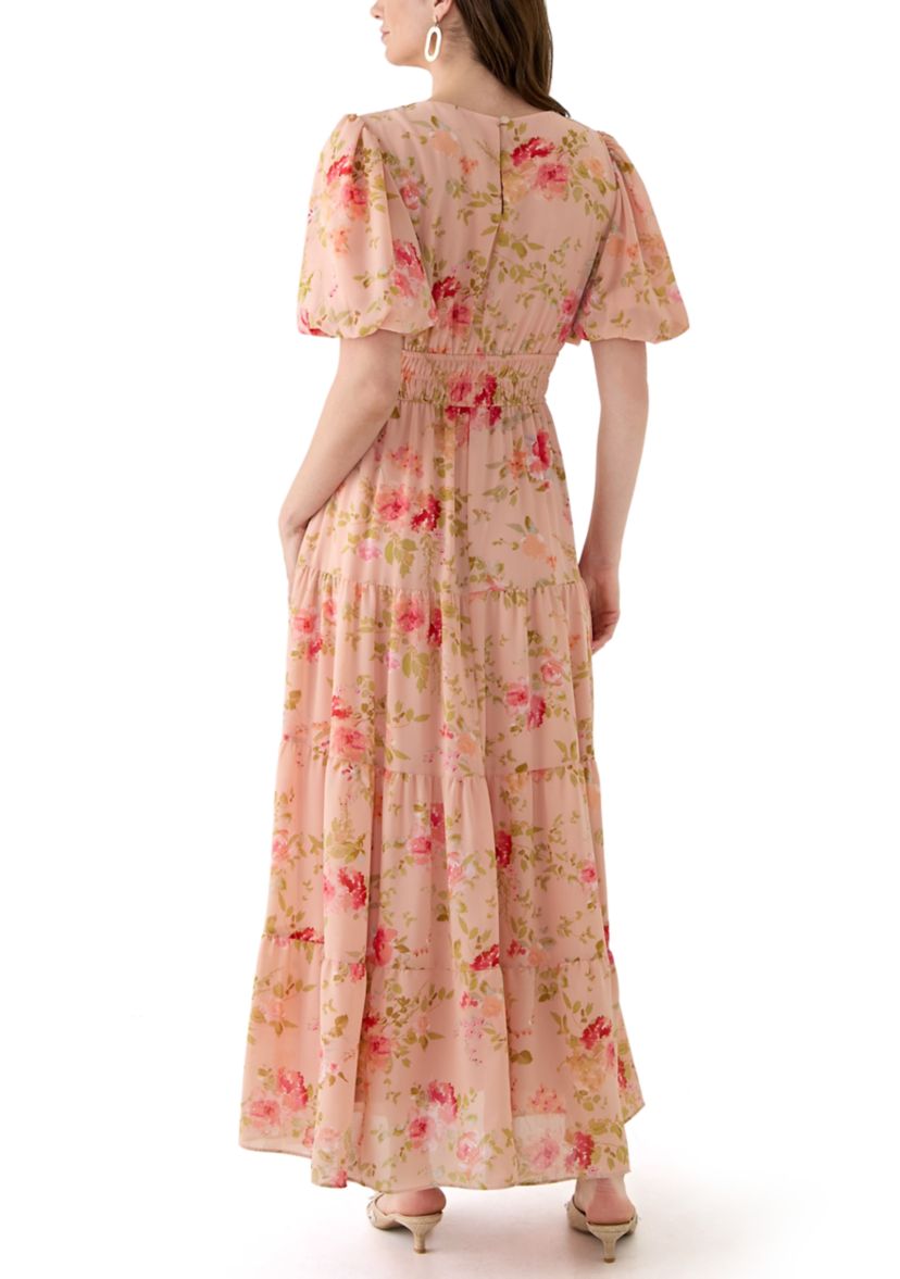 Womens Puff Sleeve Ditsy Floral Maxi Dress