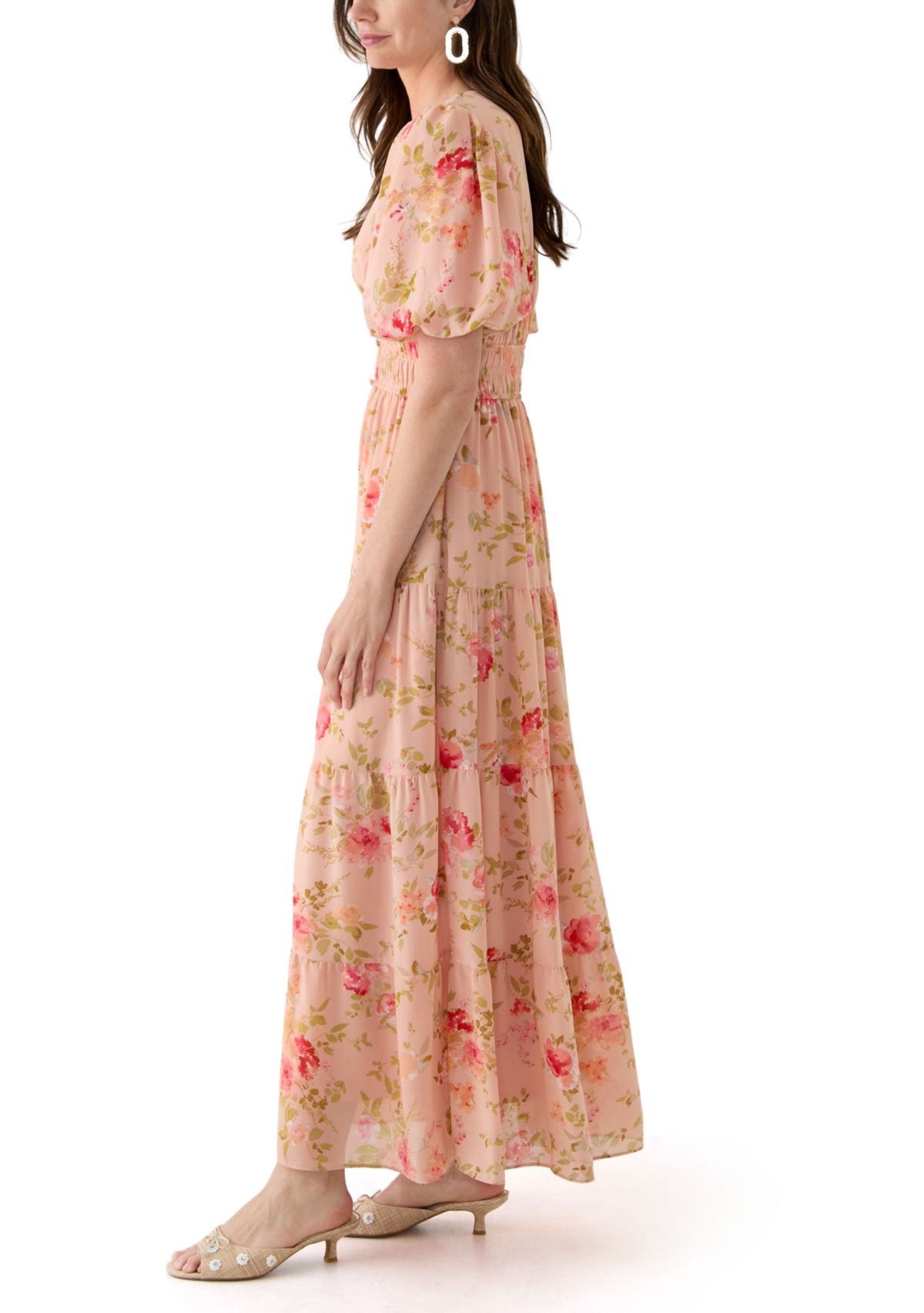 Womens Puff Sleeve Ditsy Floral Maxi Dress
