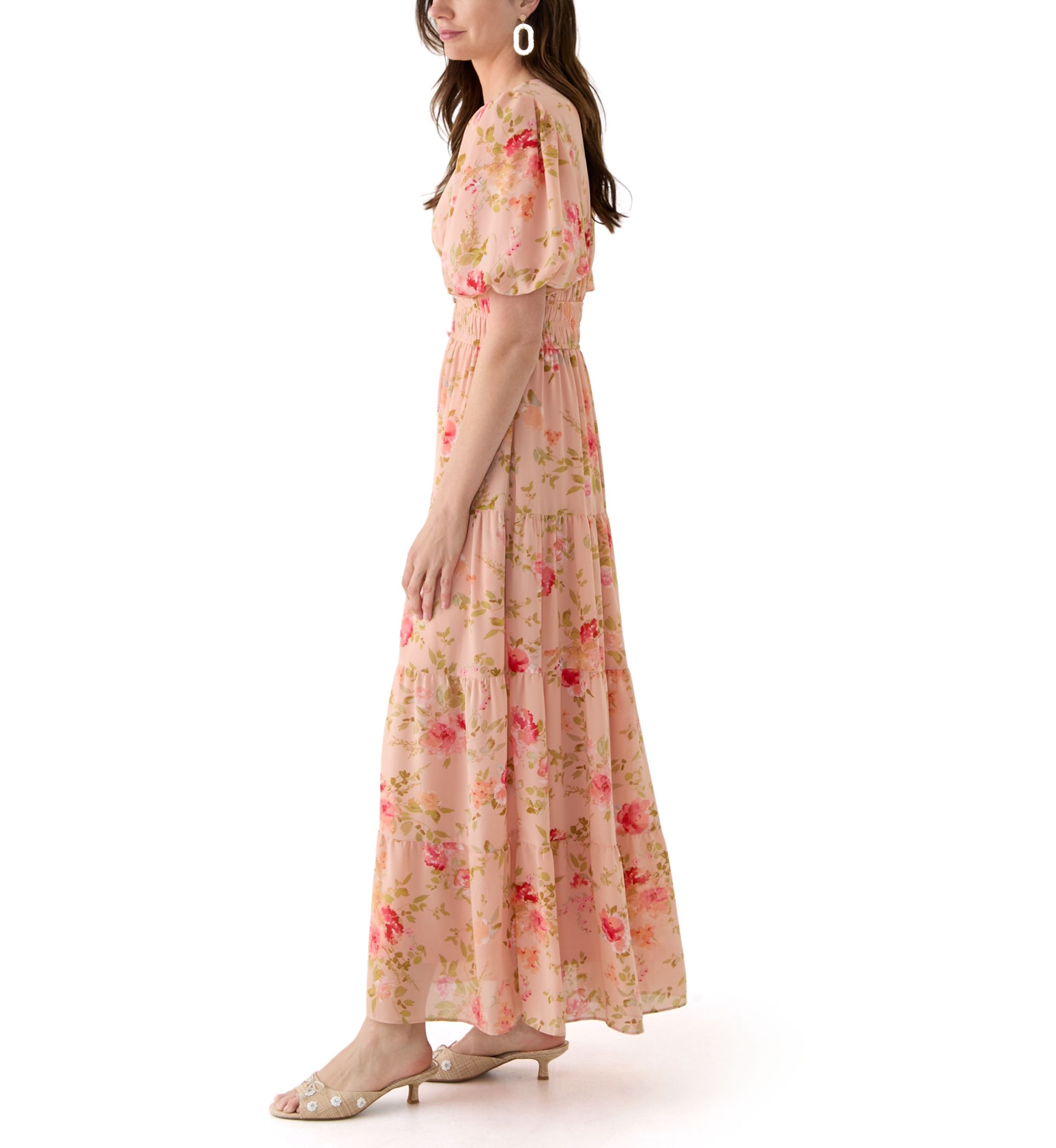 Womens Puff Sleeve Ditsy Floral Maxi Dress