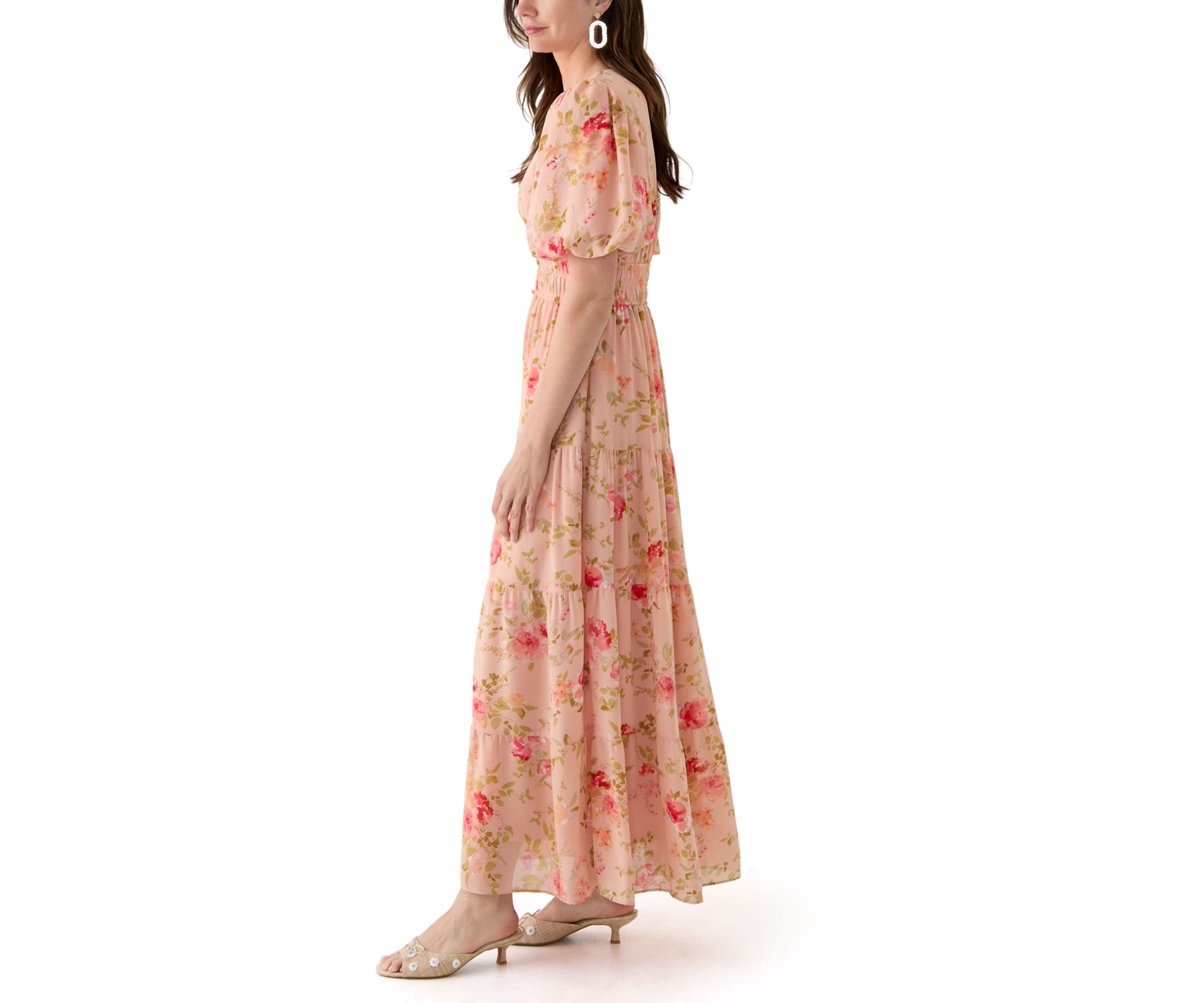 Womens Puff Sleeve Ditsy Floral Maxi Dress