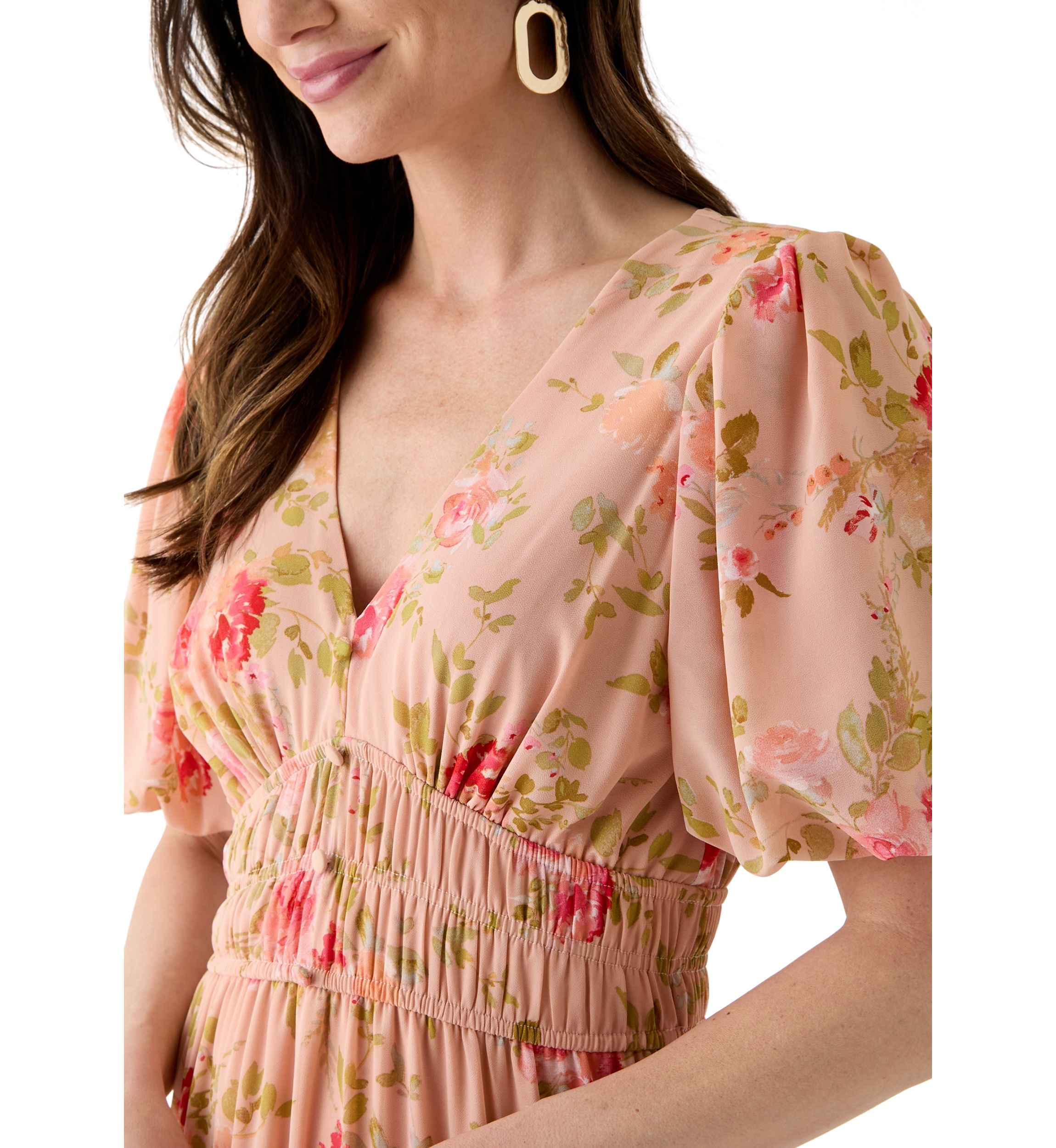 Womens Puff Sleeve Ditsy Floral Maxi Dress