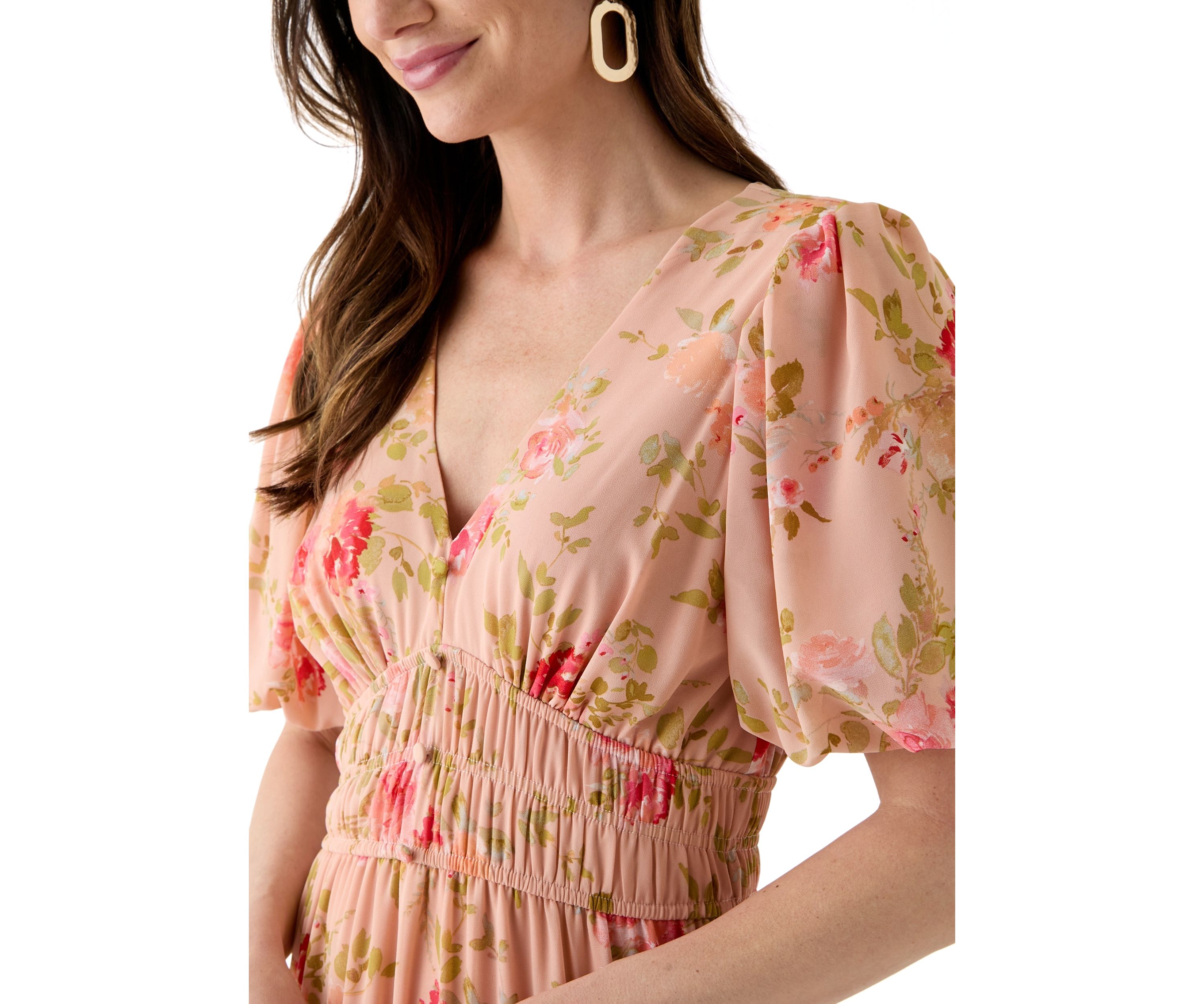 Womens Puff Sleeve Ditsy Floral Maxi Dress