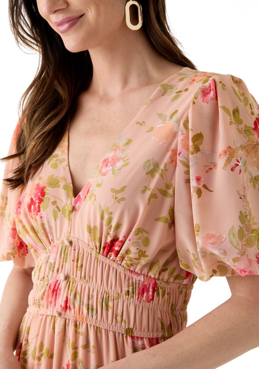 Womens Puff Sleeve Ditsy Floral Maxi Dress