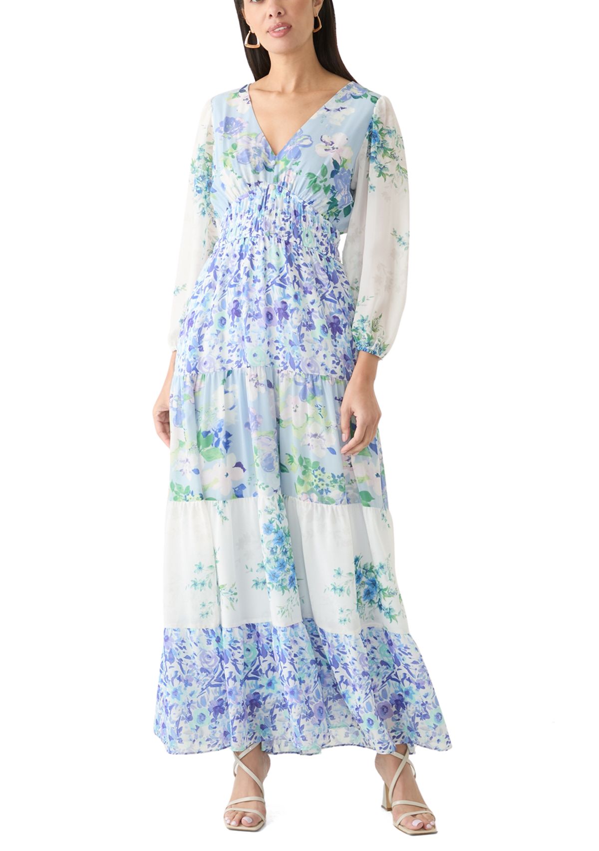 Womens Long Sleeve V-Neck Floral Print Chiffon Dress