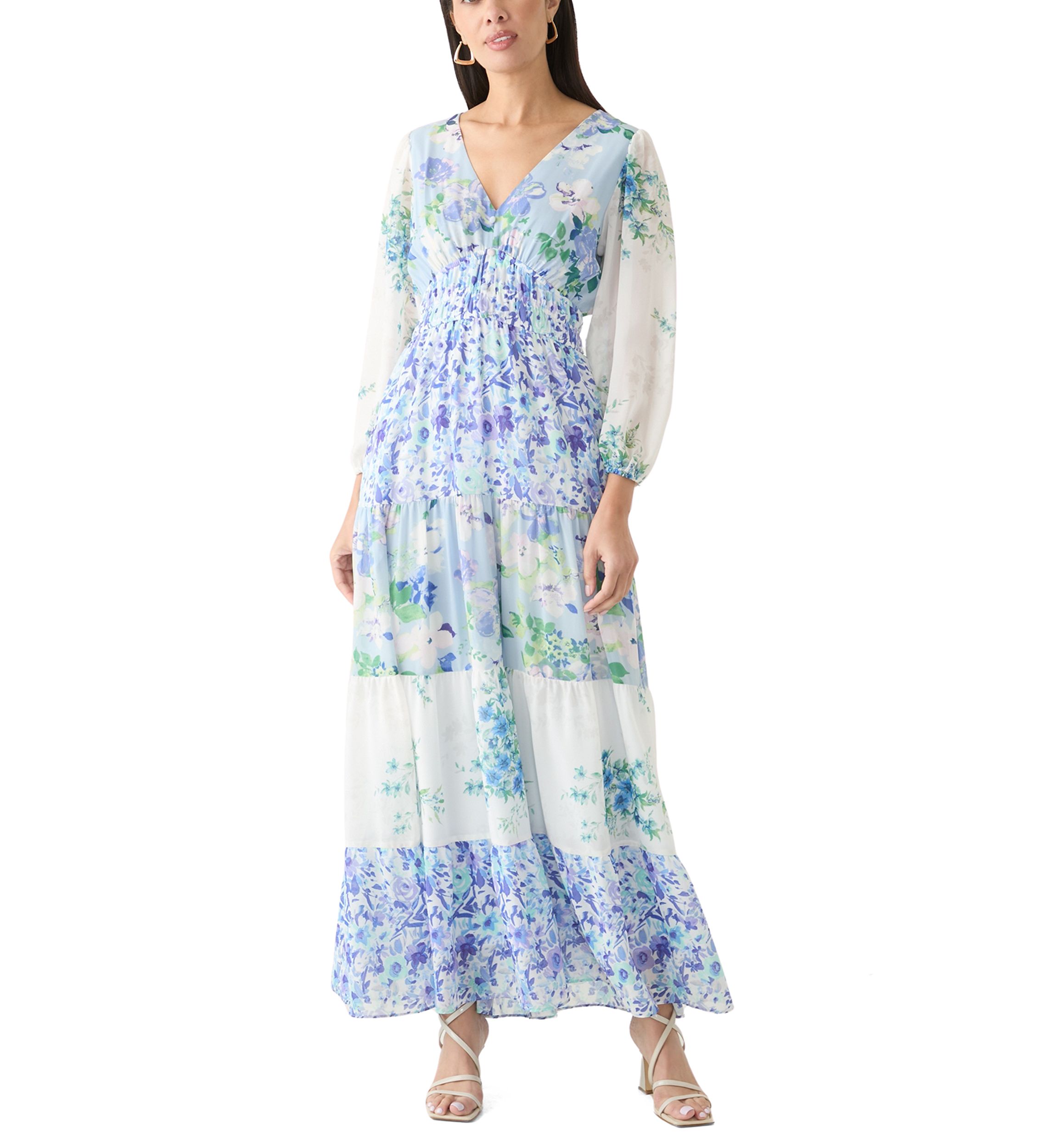 Womens Long Sleeve V-Neck Floral Print Chiffon Dress