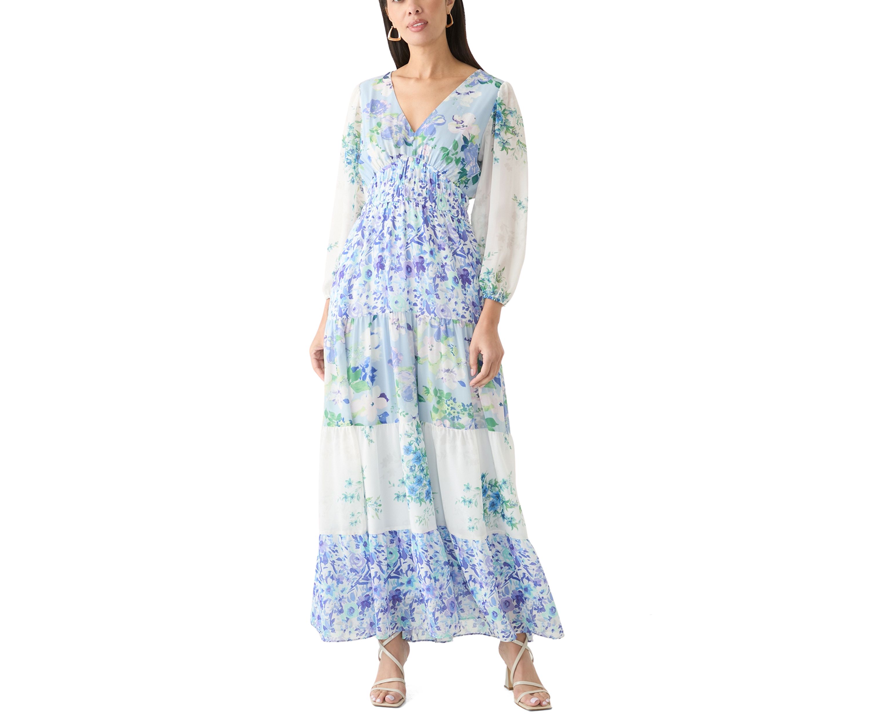 Womens Long Sleeve V-Neck Floral Print Chiffon Dress