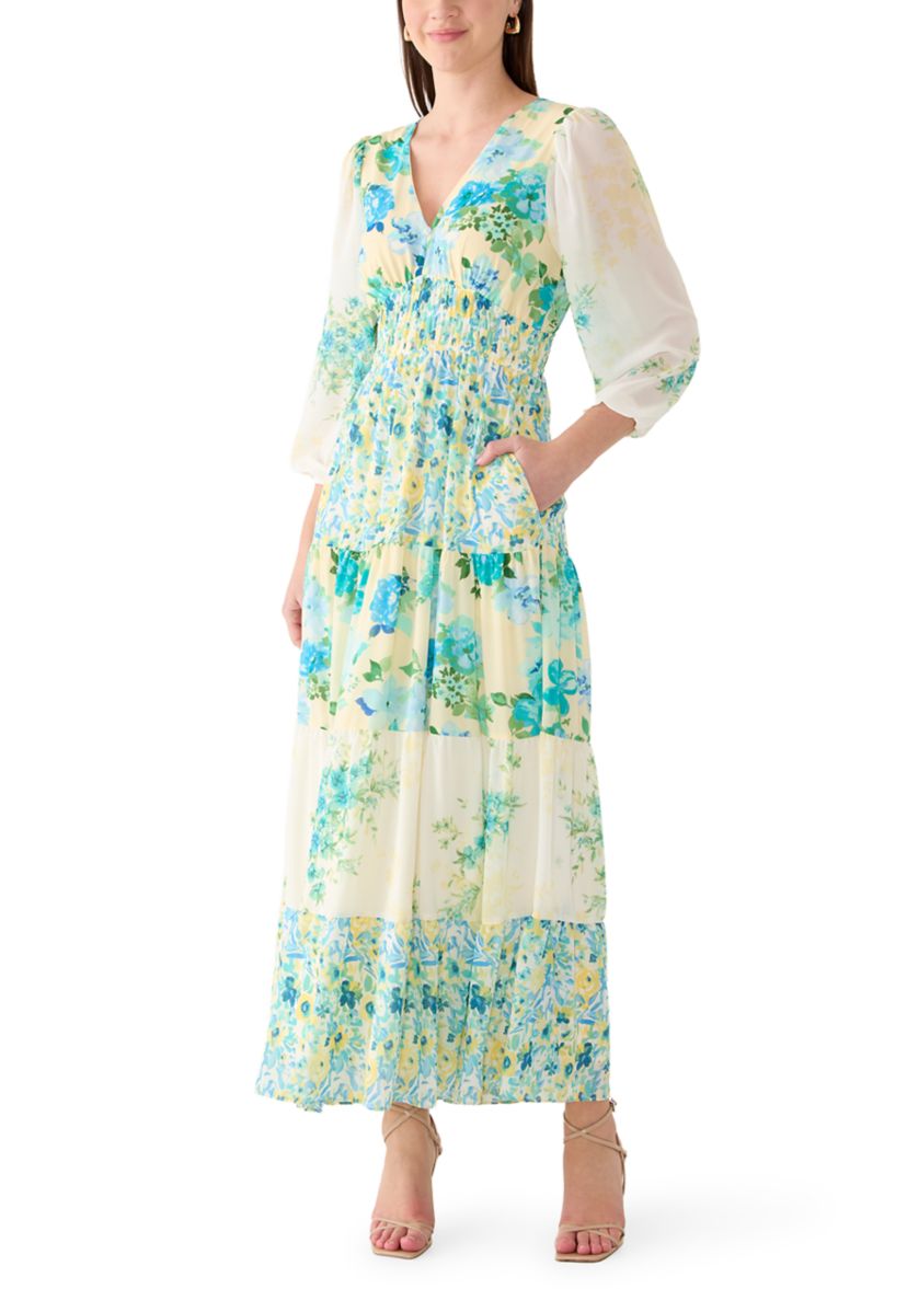 Maison Tara Women's Long Sleeve V-Neck Floral Print Chiffon Dress | Belk