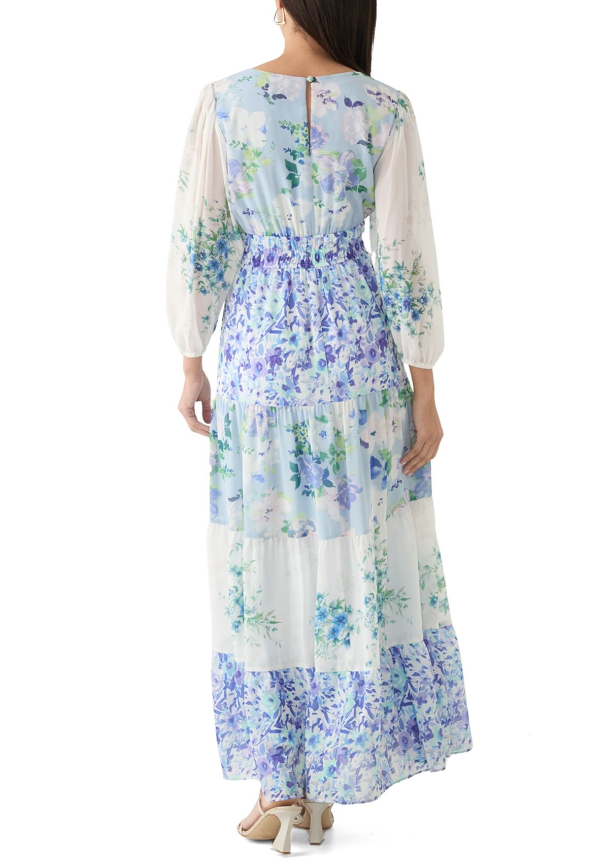 Womens Long Sleeve V-Neck Floral Print Chiffon Dress
