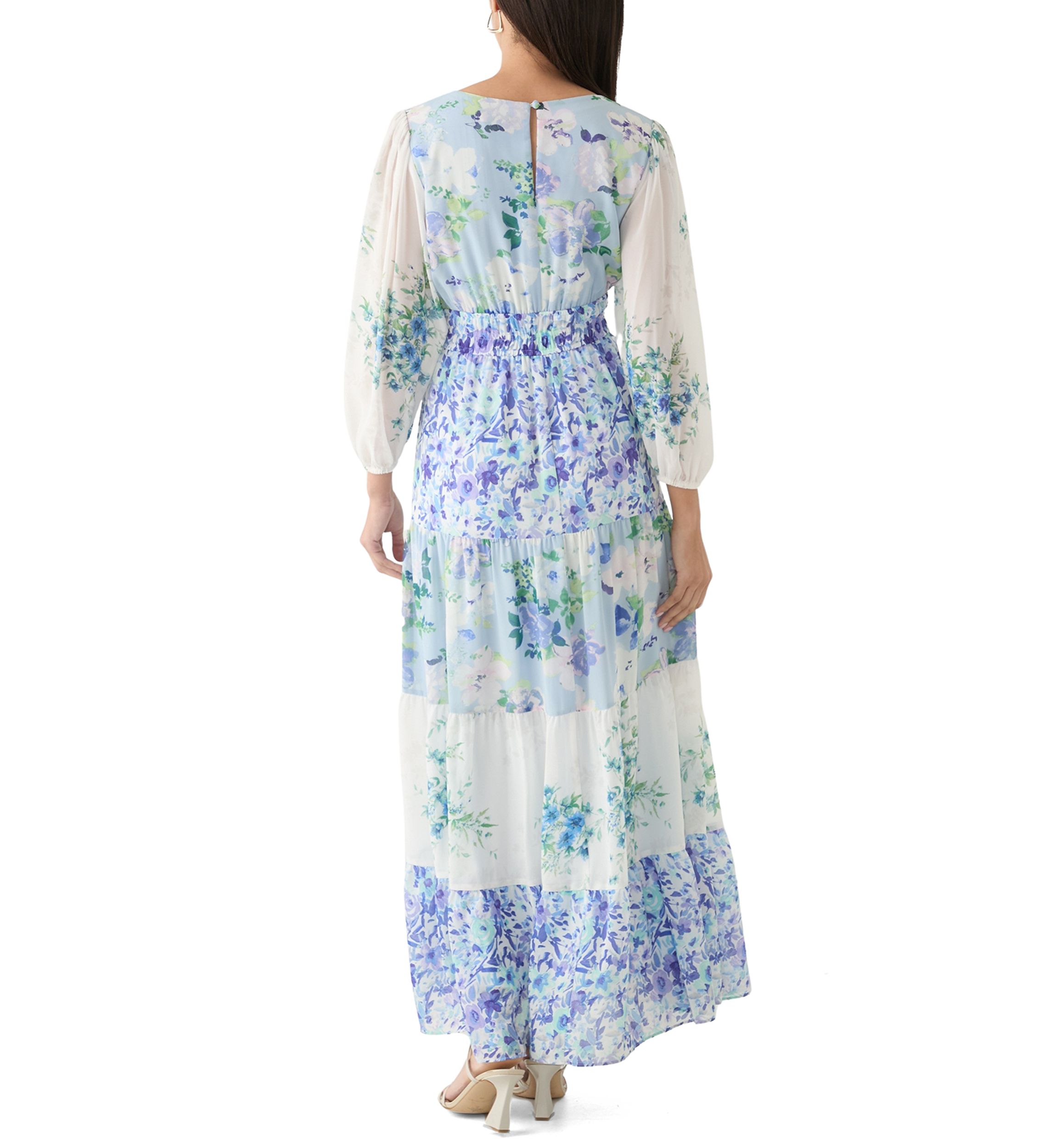 Womens Long Sleeve V-Neck Floral Print Chiffon Dress