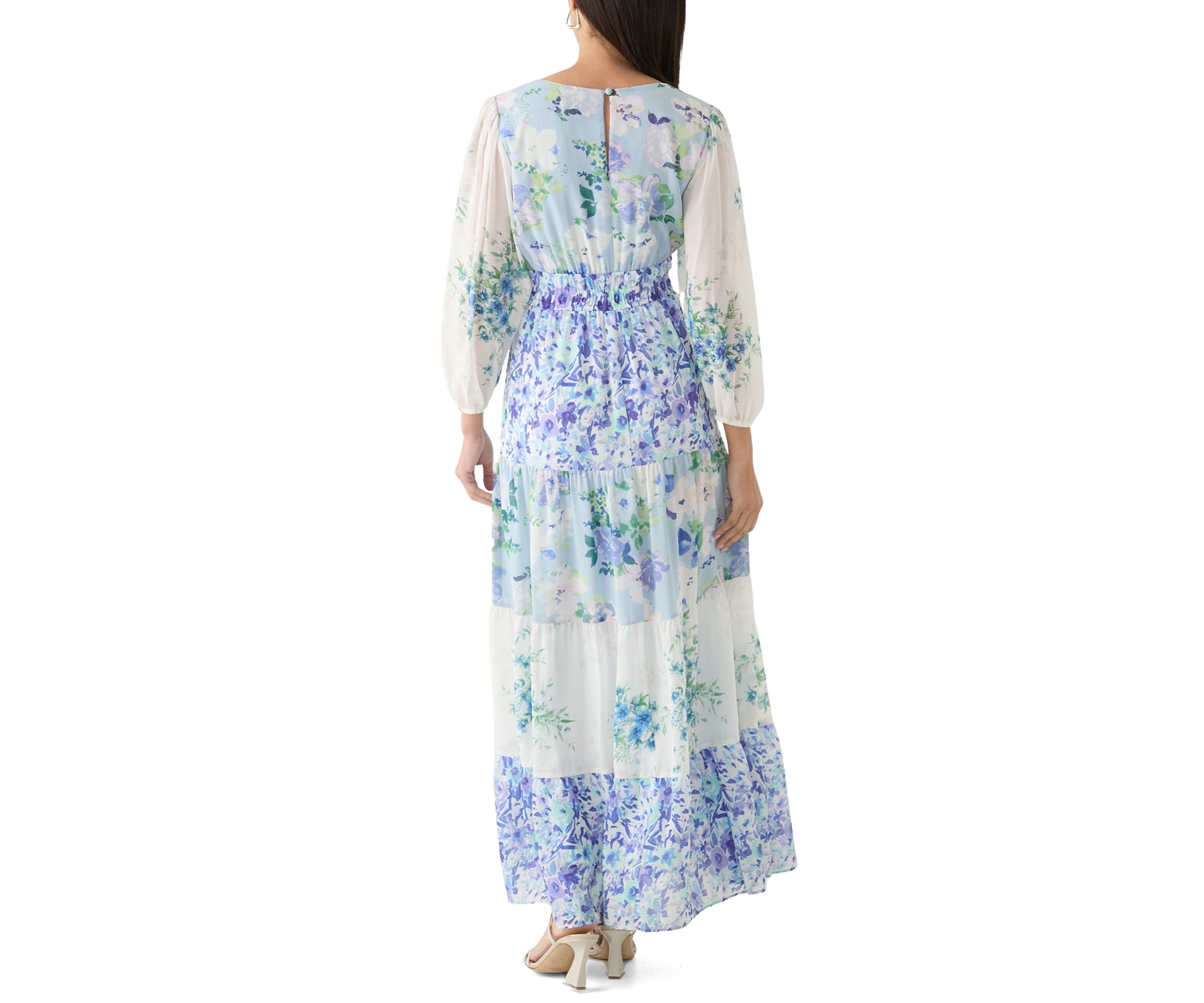 Womens Long Sleeve V-Neck Floral Print Chiffon Dress