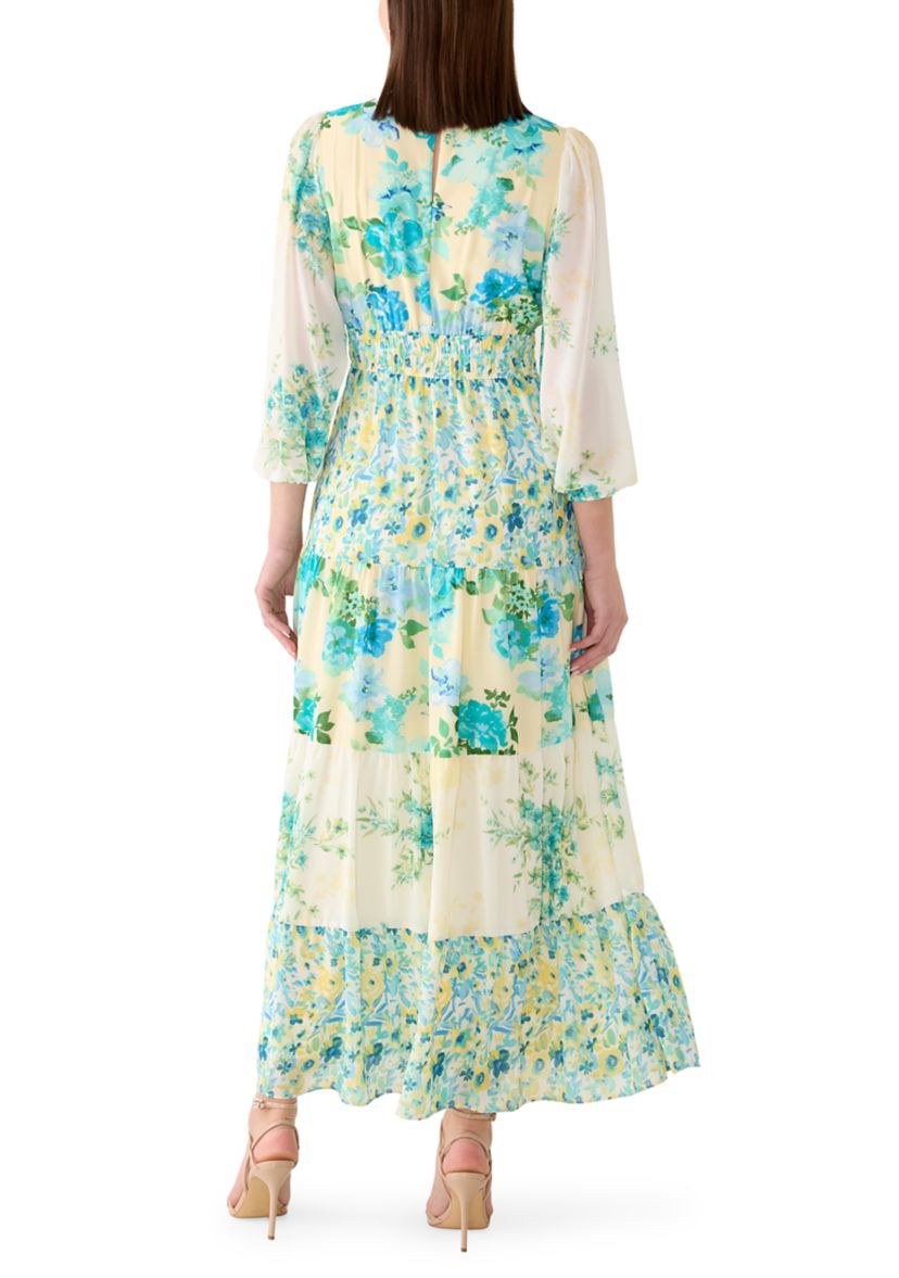 Maison Tara Women's Long Sleeve V-Neck Floral Print Chiffon Dress | Belk
