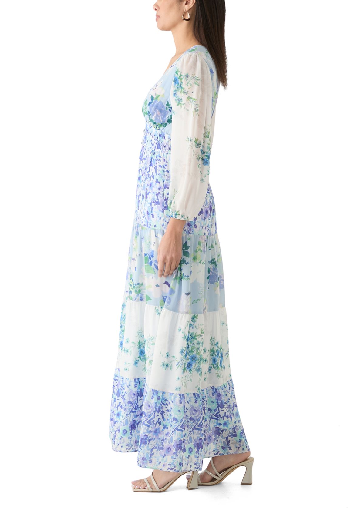 Womens Long Sleeve V-Neck Floral Print Chiffon Dress