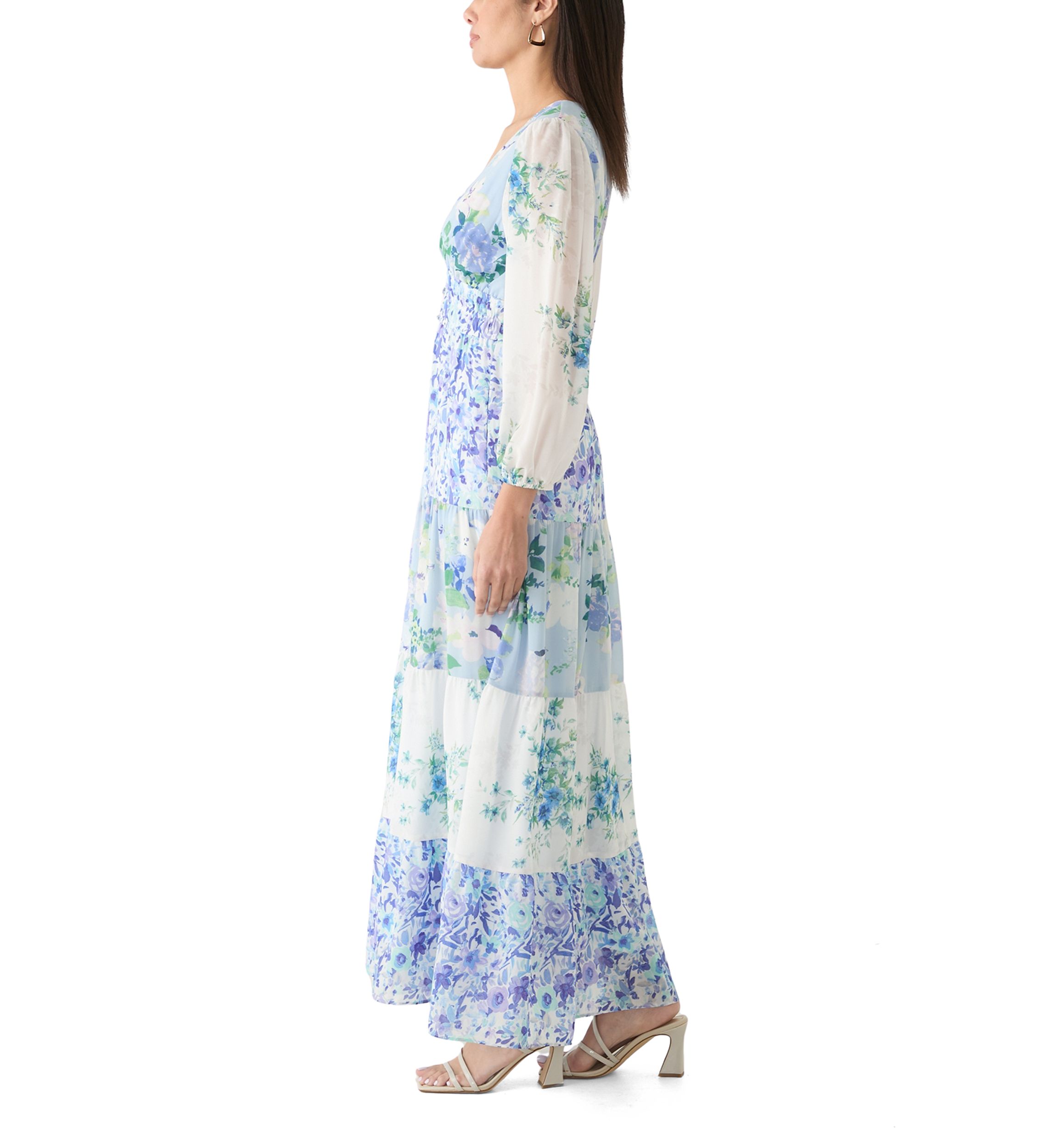 Womens Long Sleeve V-Neck Floral Print Chiffon Dress