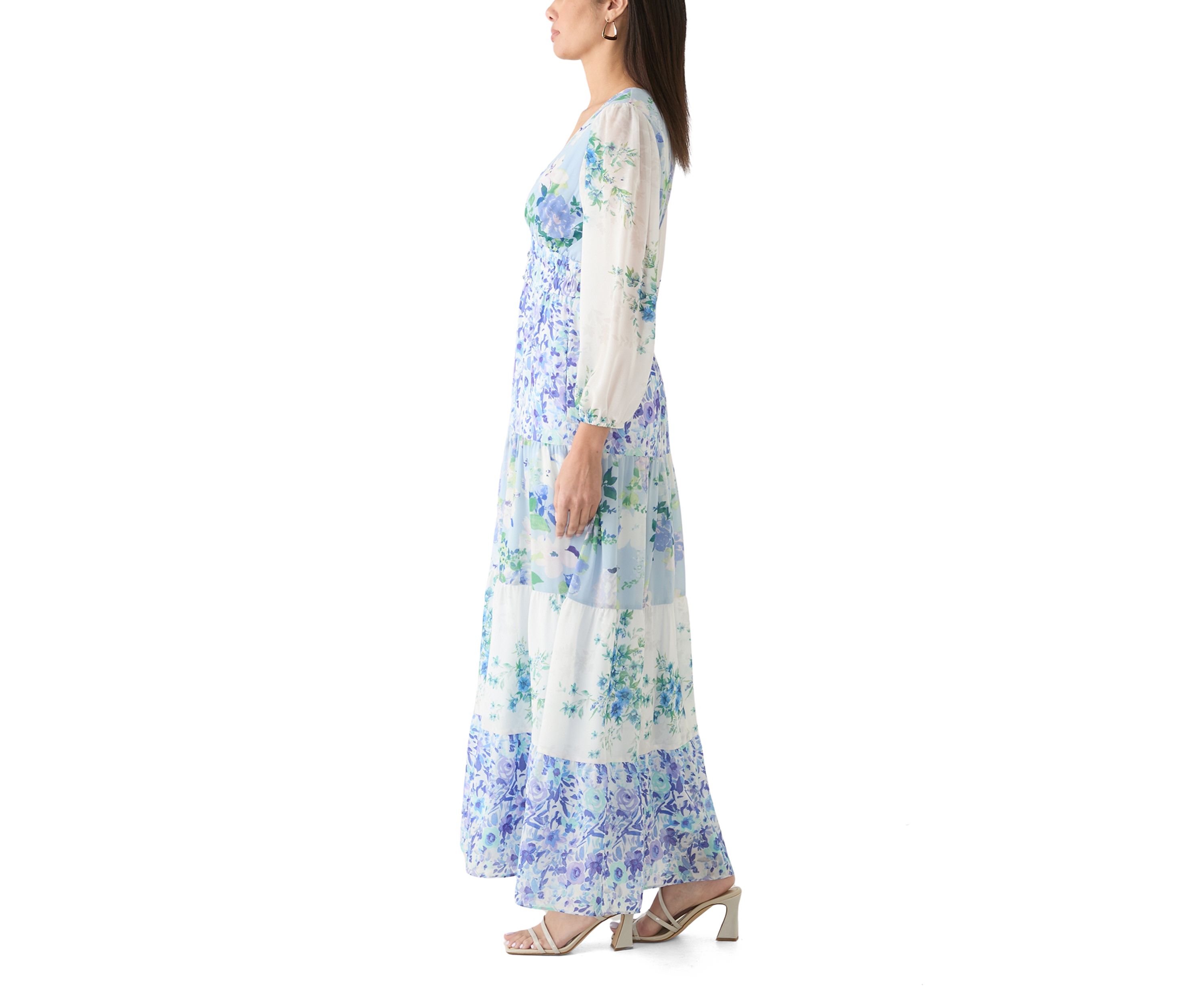 Womens Long Sleeve V-Neck Floral Print Chiffon Dress