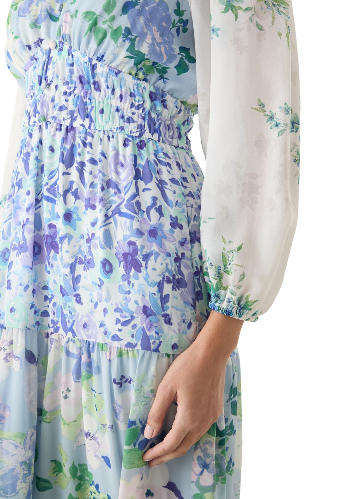 Womens Long Sleeve V-Neck Floral Print Chiffon Dress