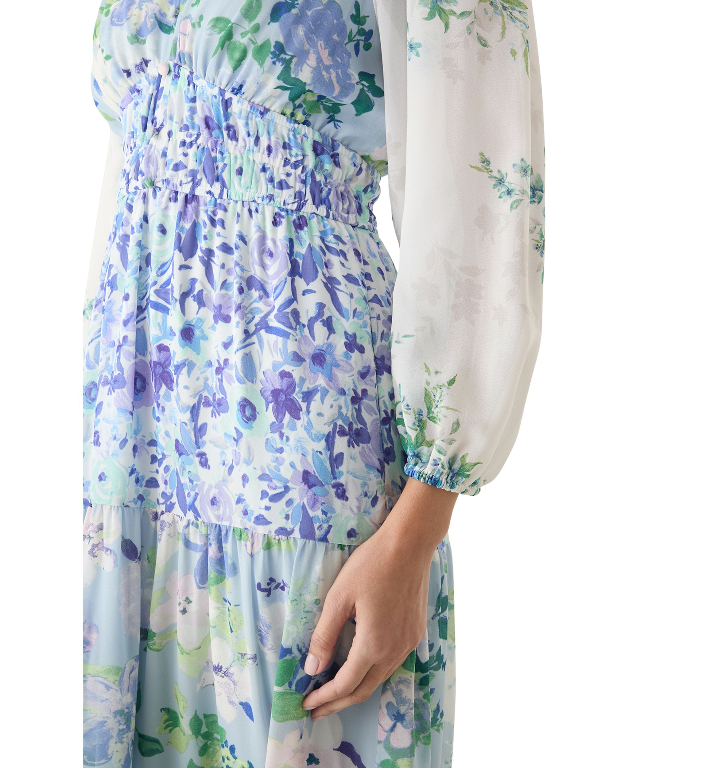 Womens Long Sleeve V-Neck Floral Print Chiffon Dress