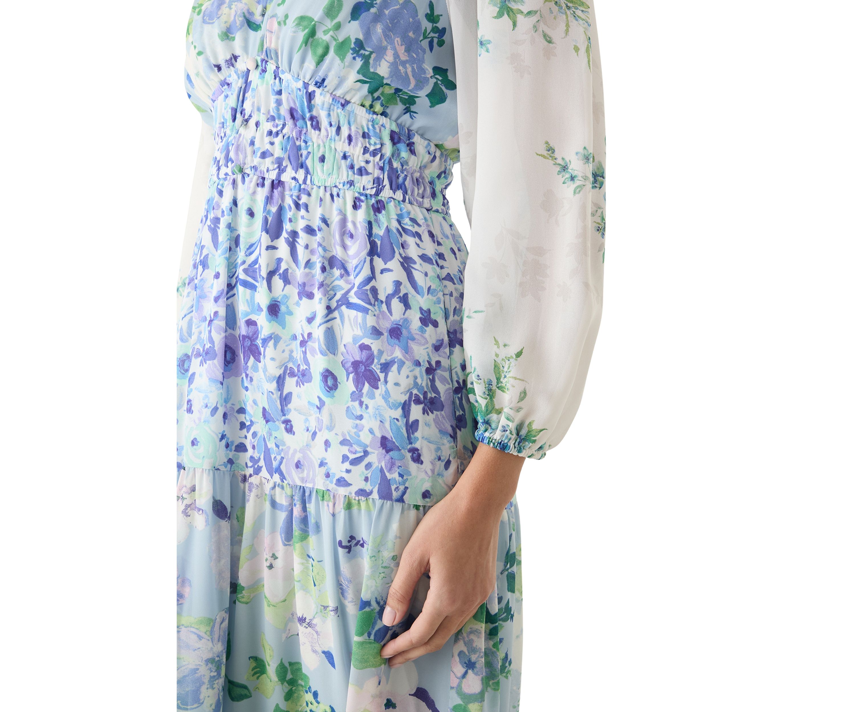 Womens Long Sleeve V-Neck Floral Print Chiffon Dress