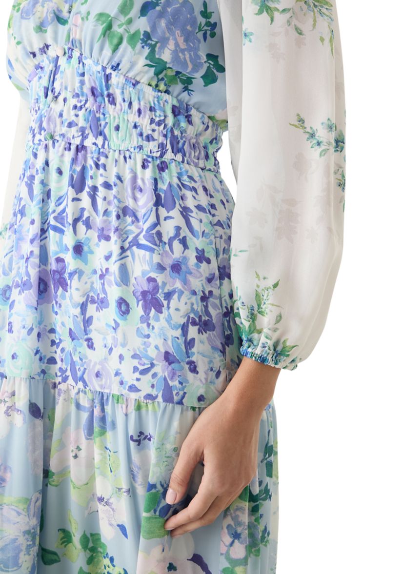Womens Long Sleeve V-Neck Floral Print Chiffon Dress