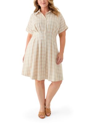 Maison Tara Women's Plus Size Dolman Sleeve V-Neck Plaid Linen Fit and Flare Dress