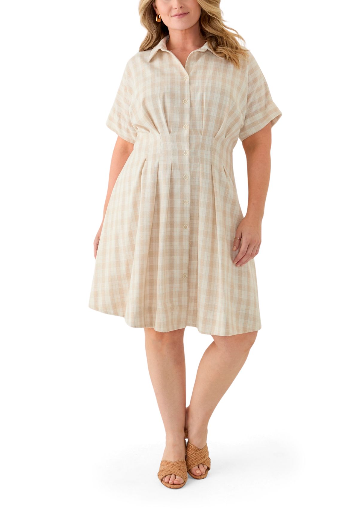 Plus Size Dolman Sleeve V-Neck Plaid Linen Fit and Flare Dress