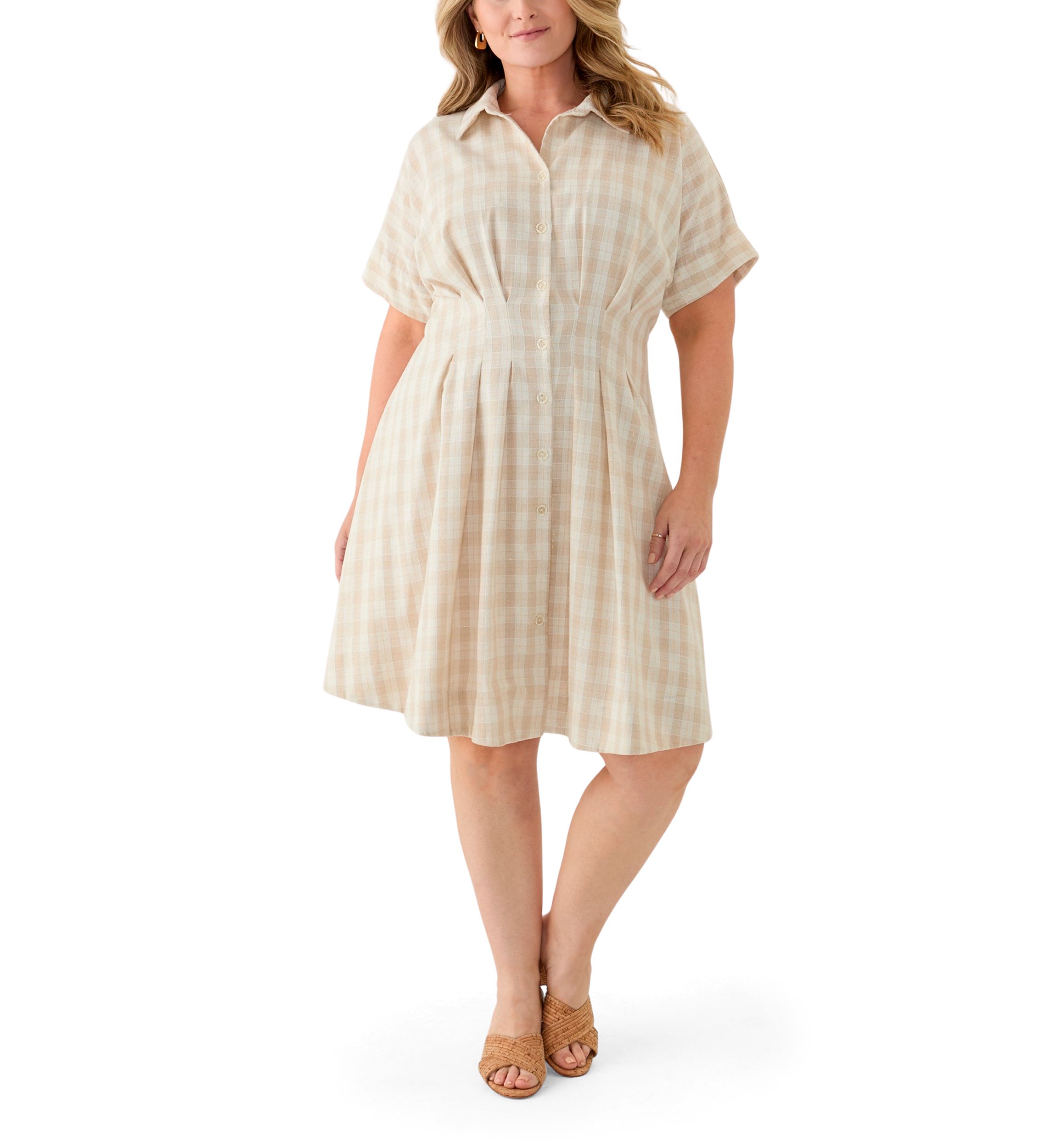 Plus Size Dolman Sleeve V-Neck Plaid Linen Fit and Flare Dress