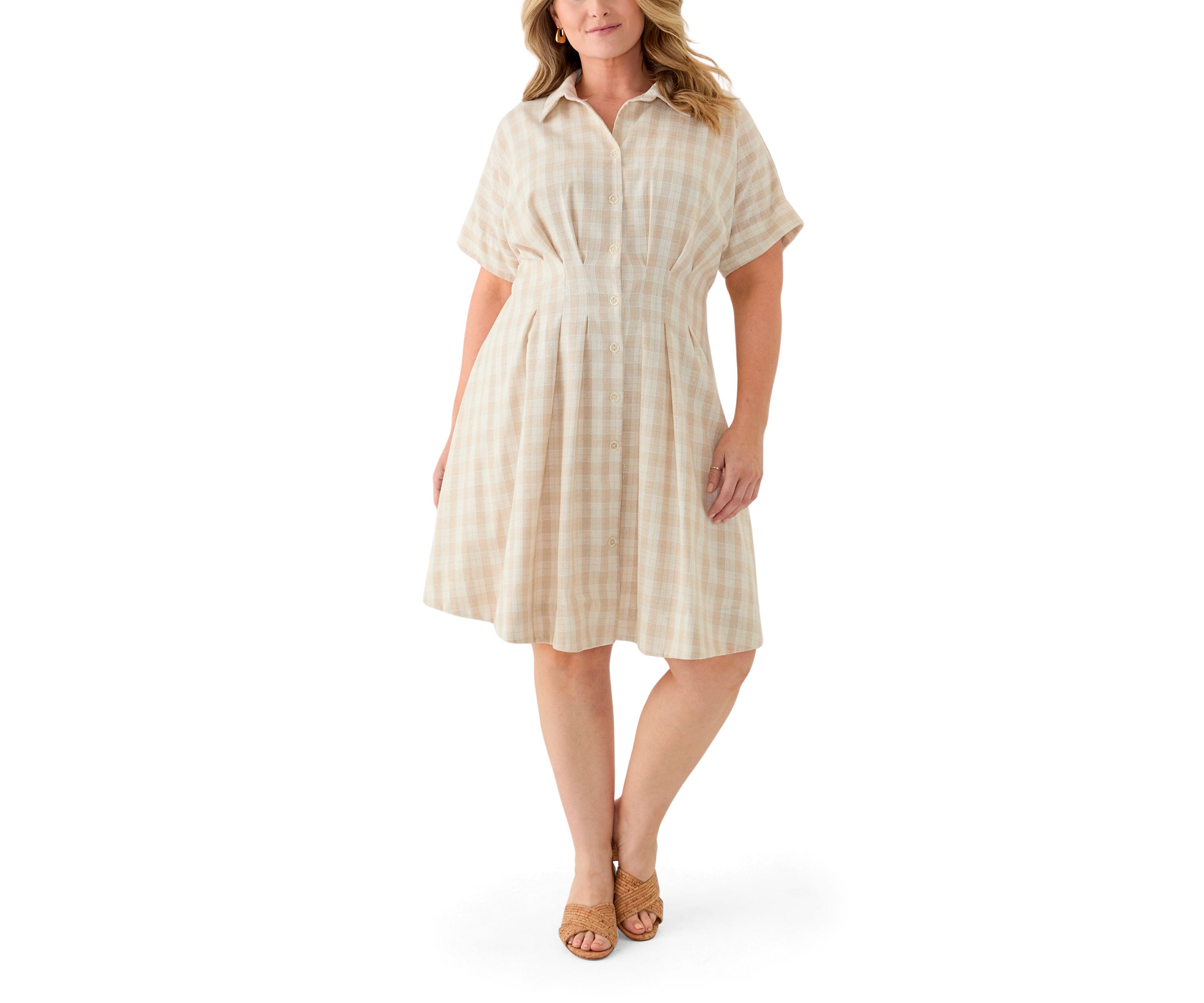 Plus Size Dolman Sleeve V-Neck Plaid Linen Fit and Flare Dress