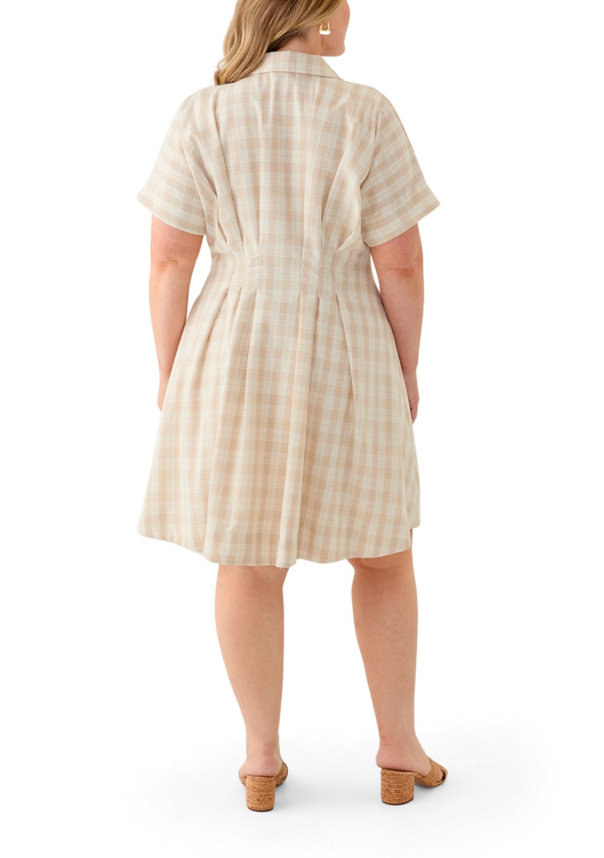 Plus Size Dolman Sleeve V-Neck Plaid Linen Fit and Flare Dress