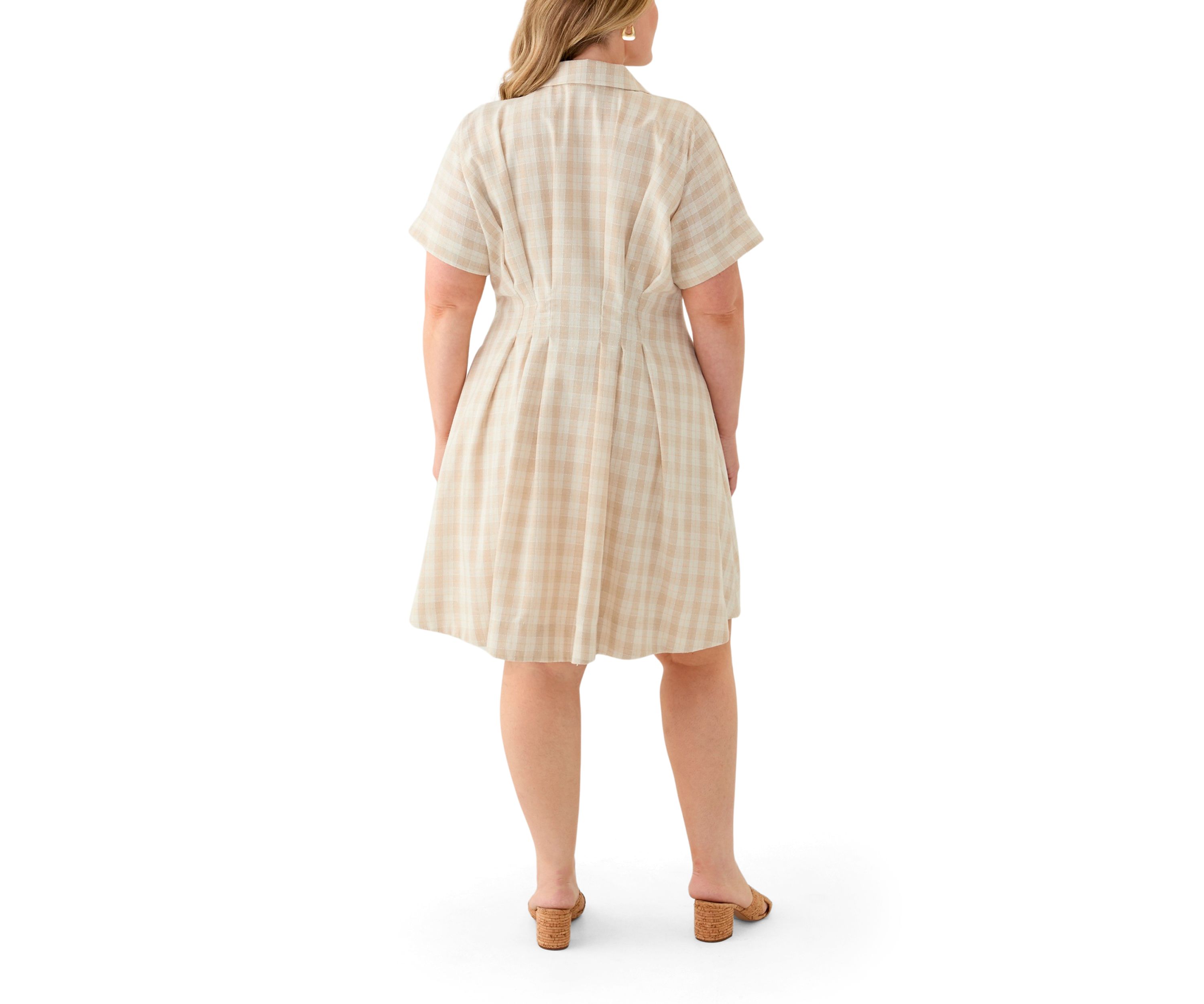 Plus Size Dolman Sleeve V-Neck Plaid Linen Fit and Flare Dress