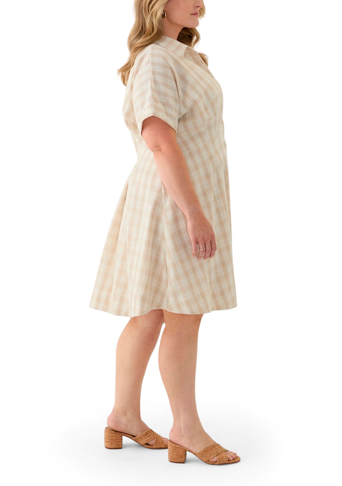 Plus Size Dolman Sleeve V-Neck Plaid Linen Fit and Flare Dress