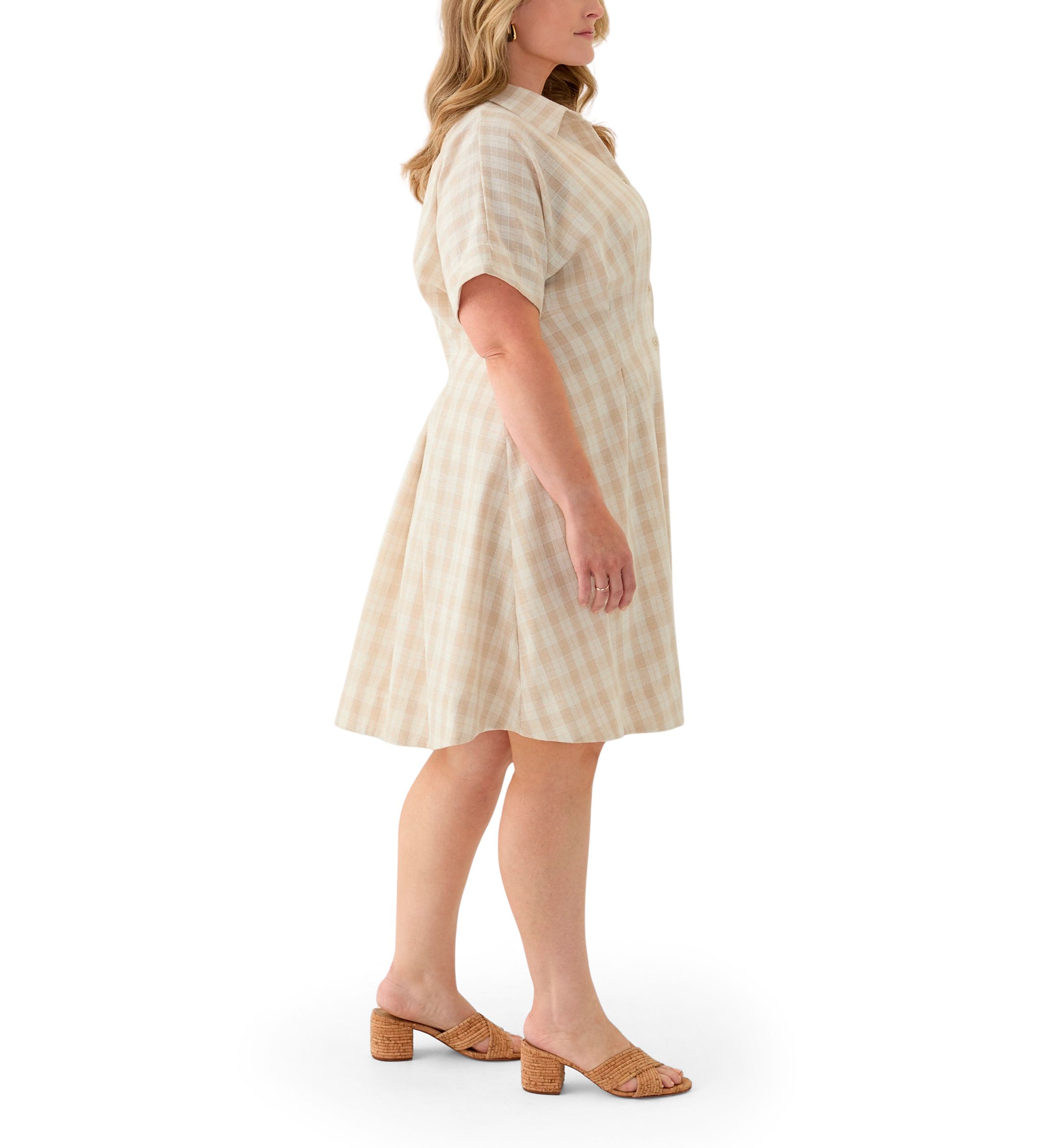 Plus Size Dolman Sleeve V-Neck Plaid Linen Fit and Flare Dress
