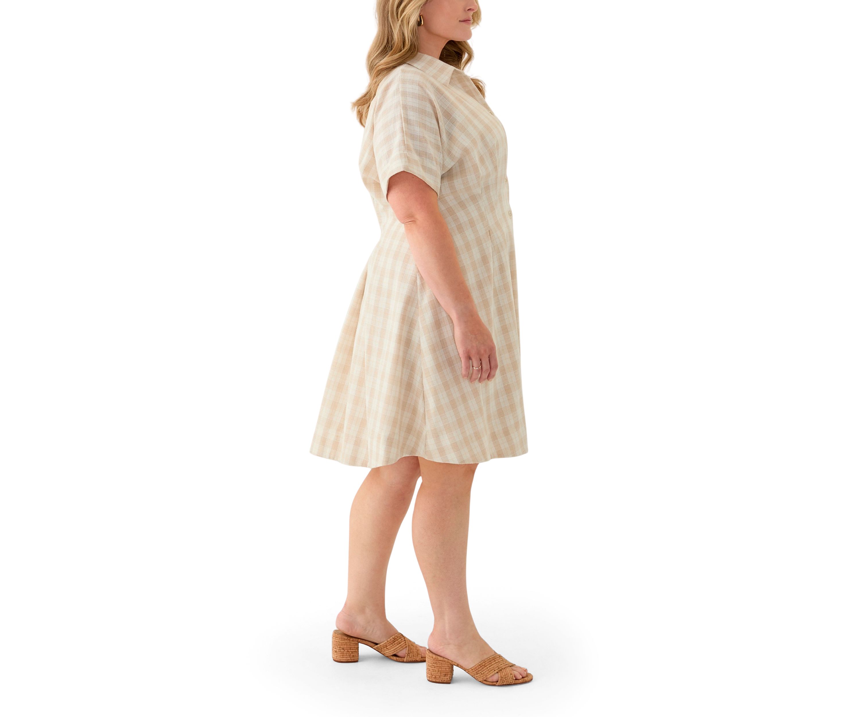 Plus Size Dolman Sleeve V-Neck Plaid Linen Fit and Flare Dress