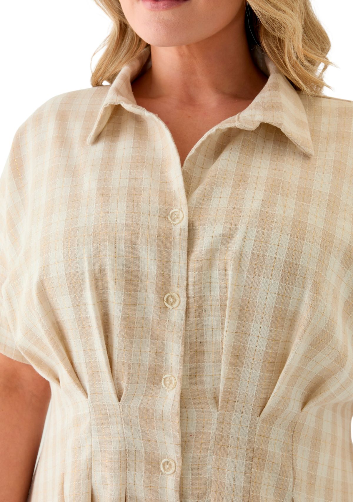 Plus Size Dolman Sleeve V-Neck Plaid Linen Fit and Flare Dress