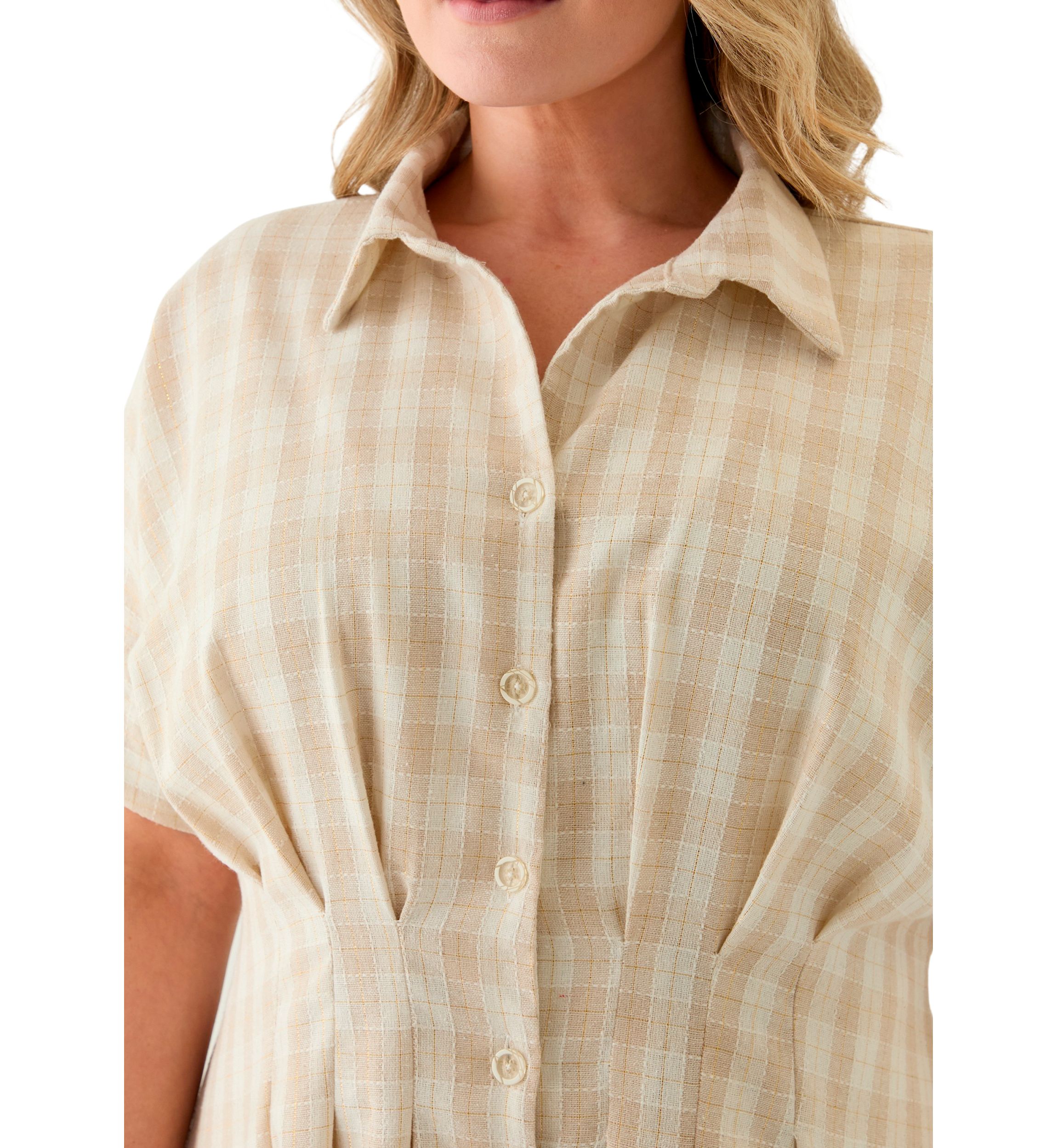Plus Size Dolman Sleeve V-Neck Plaid Linen Fit and Flare Dress