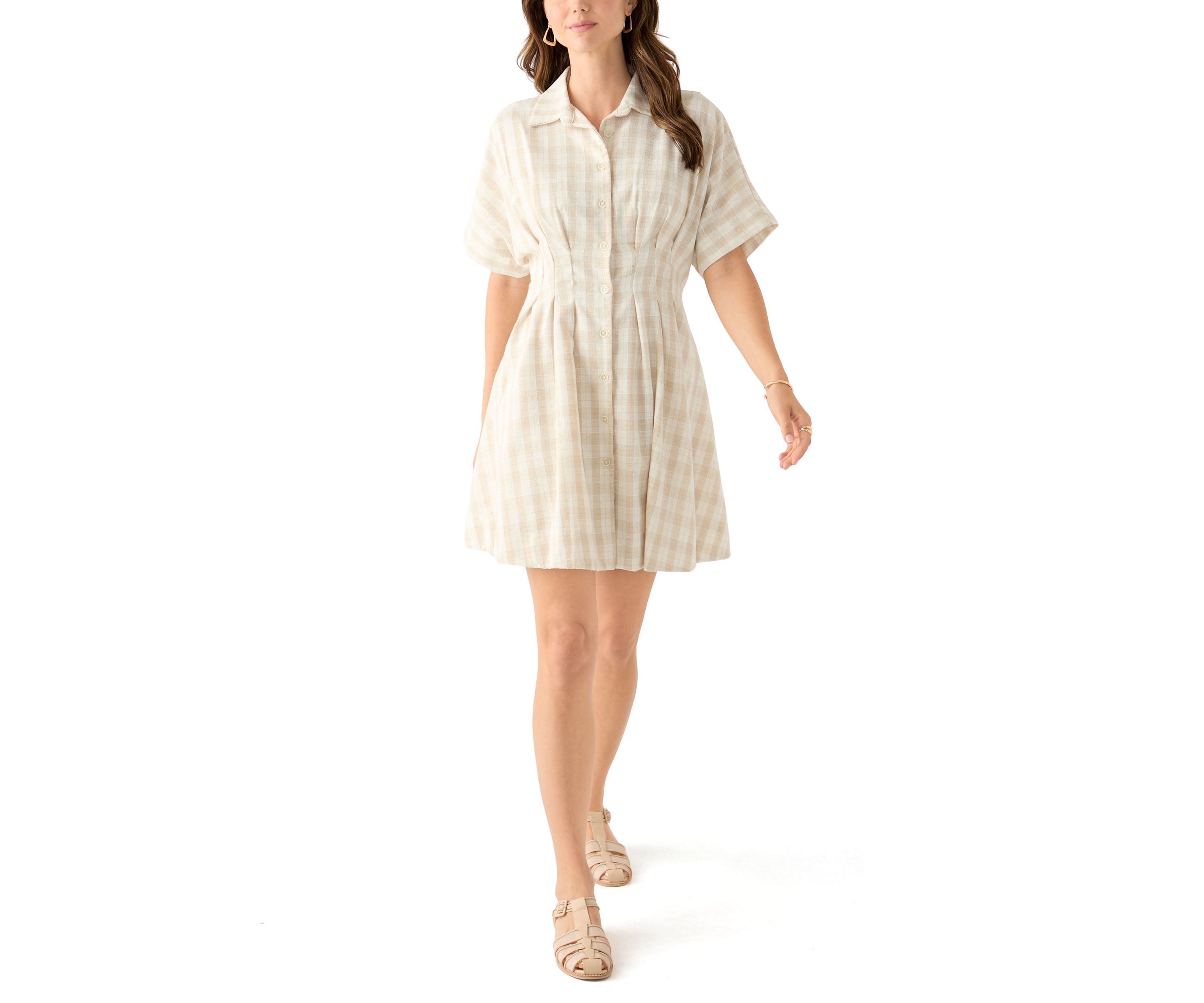 Womens Short Sleeve Collared Gingham Print Dress