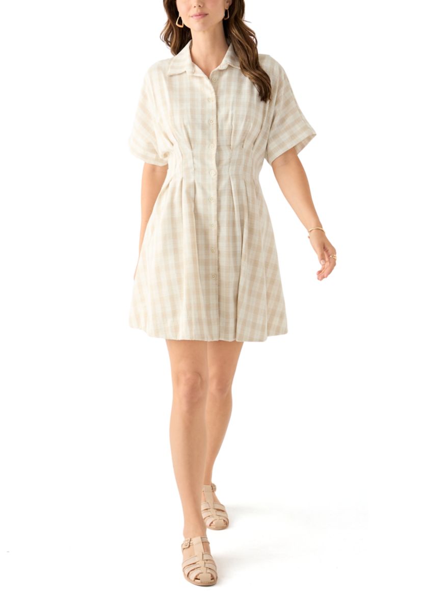 Womens Short Sleeve Collared Gingham Print Dress