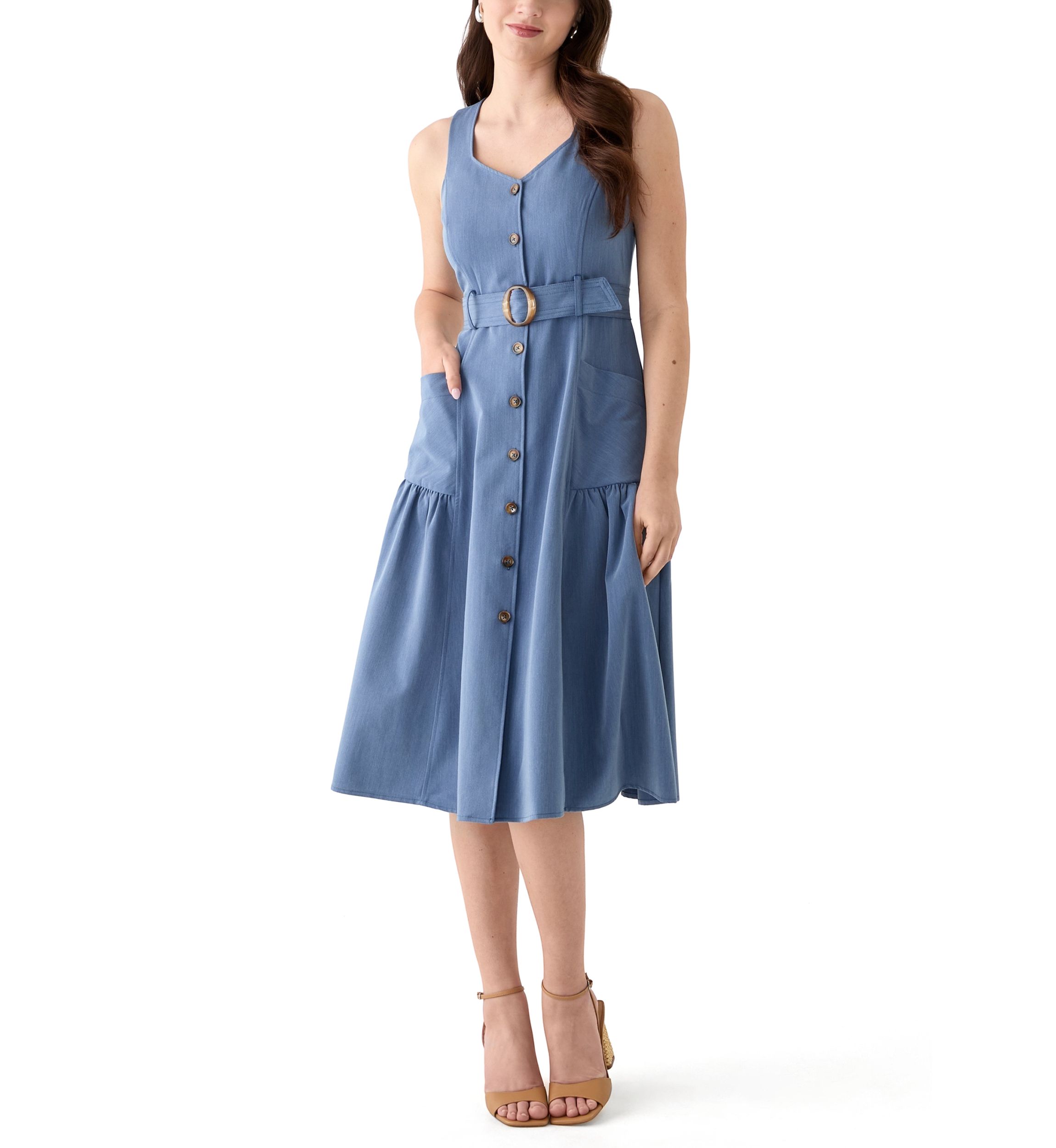 Womens Sleeveless Sweetheart Neck Midi Dress