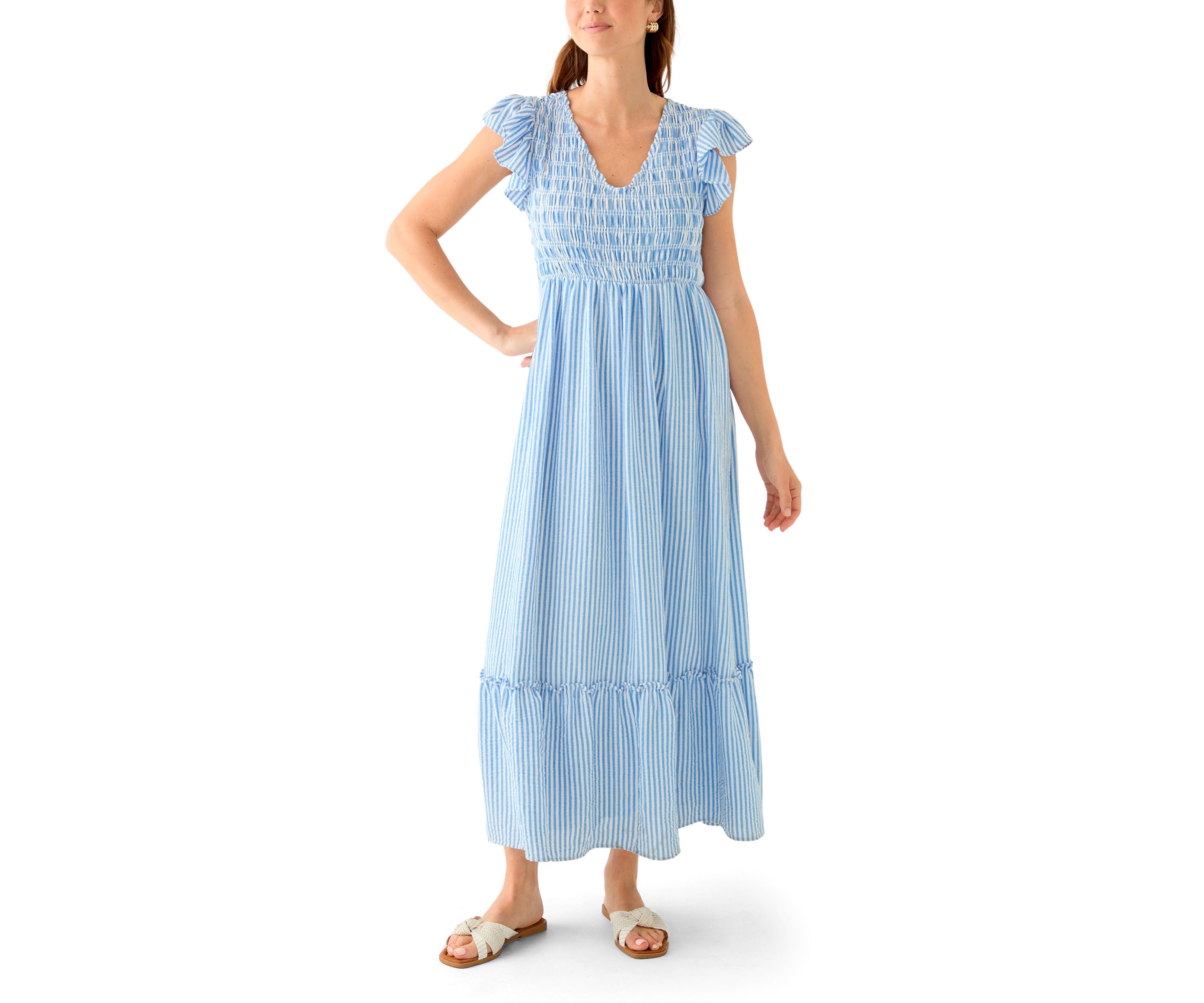Womens Short Sleeve V-Neck Stripe Print Maxi Dress