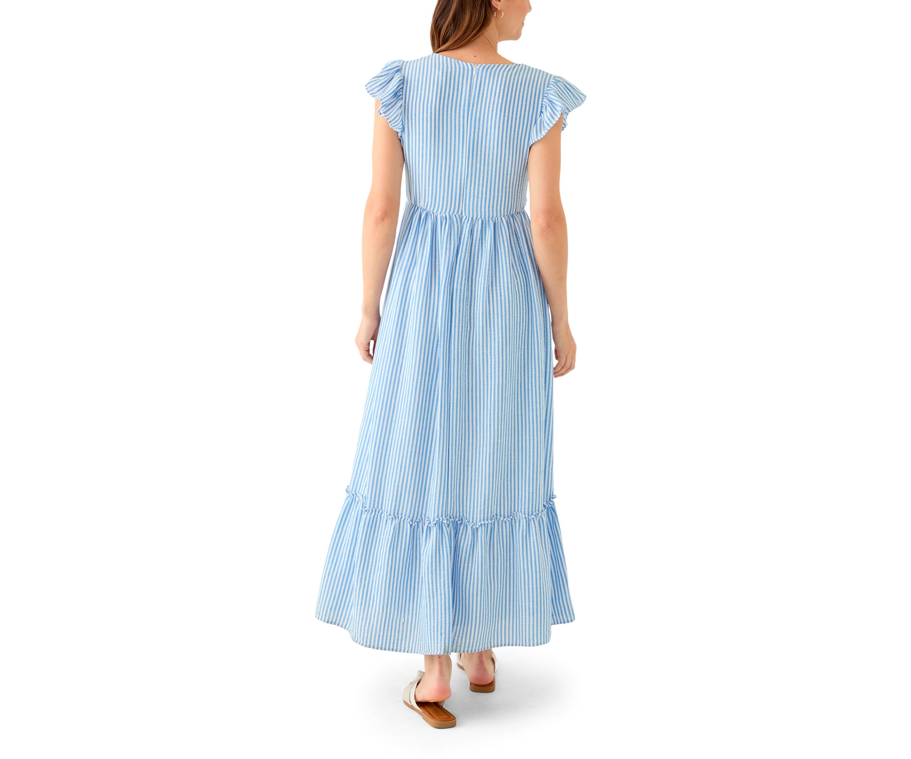 Womens Short Sleeve V-Neck Stripe Print Maxi Dress