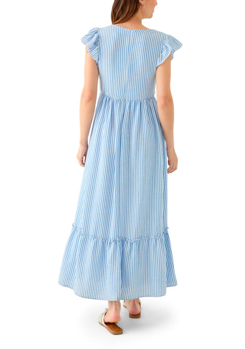 Womens Short Sleeve V-Neck Stripe Print Maxi Dress