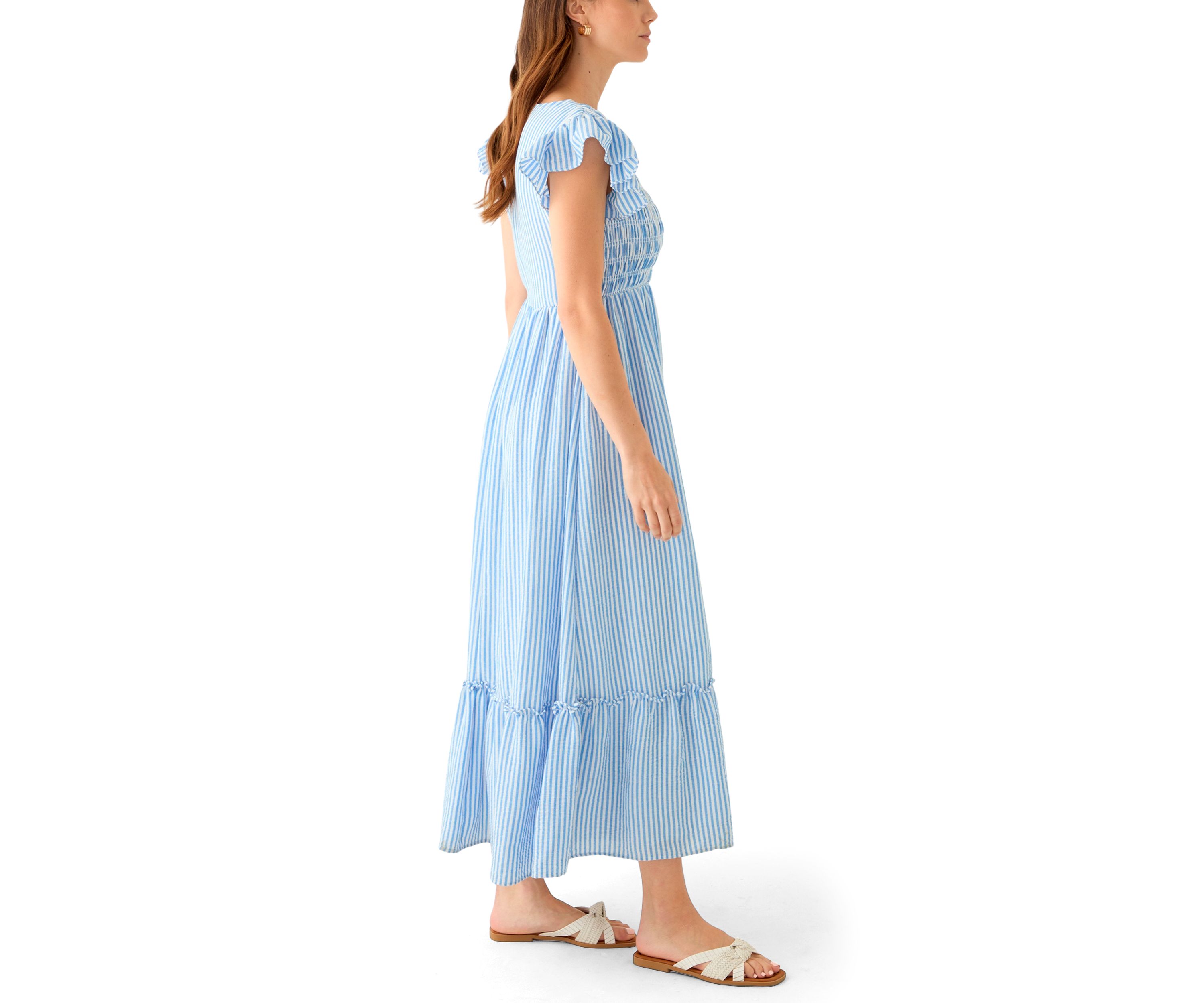 Womens Short Sleeve V-Neck Stripe Print Maxi Dress