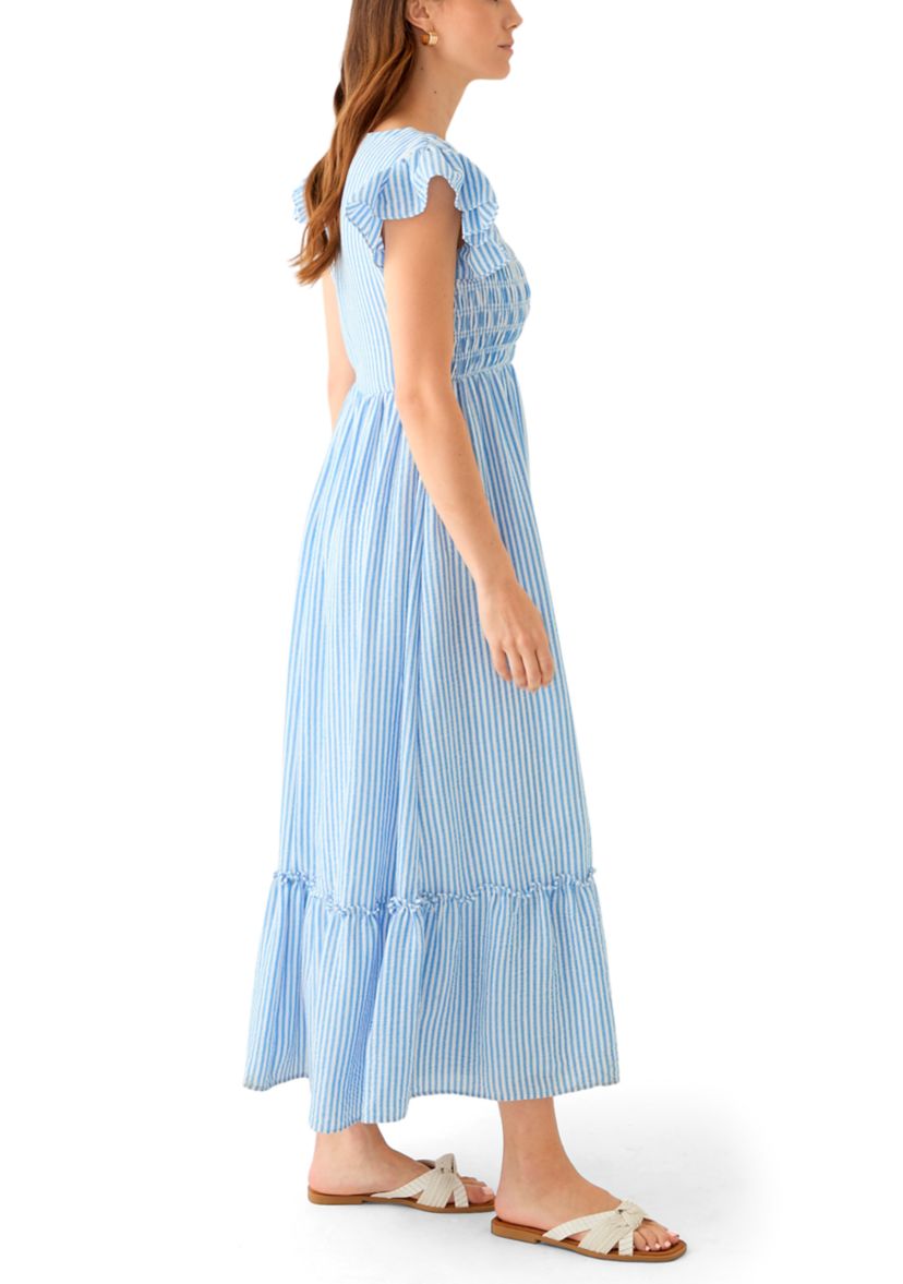 Womens Short Sleeve V-Neck Stripe Print Maxi Dress