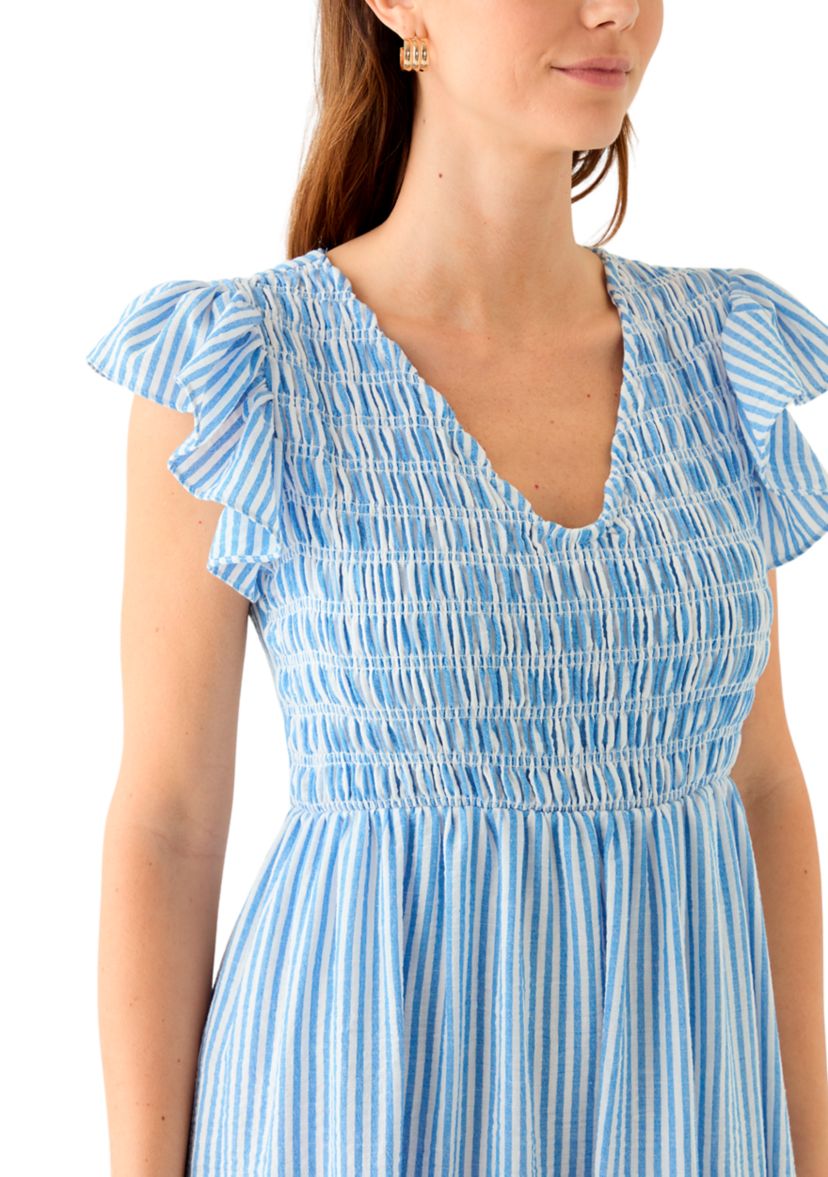 Womens Short Sleeve V-Neck Stripe Print Maxi Dress