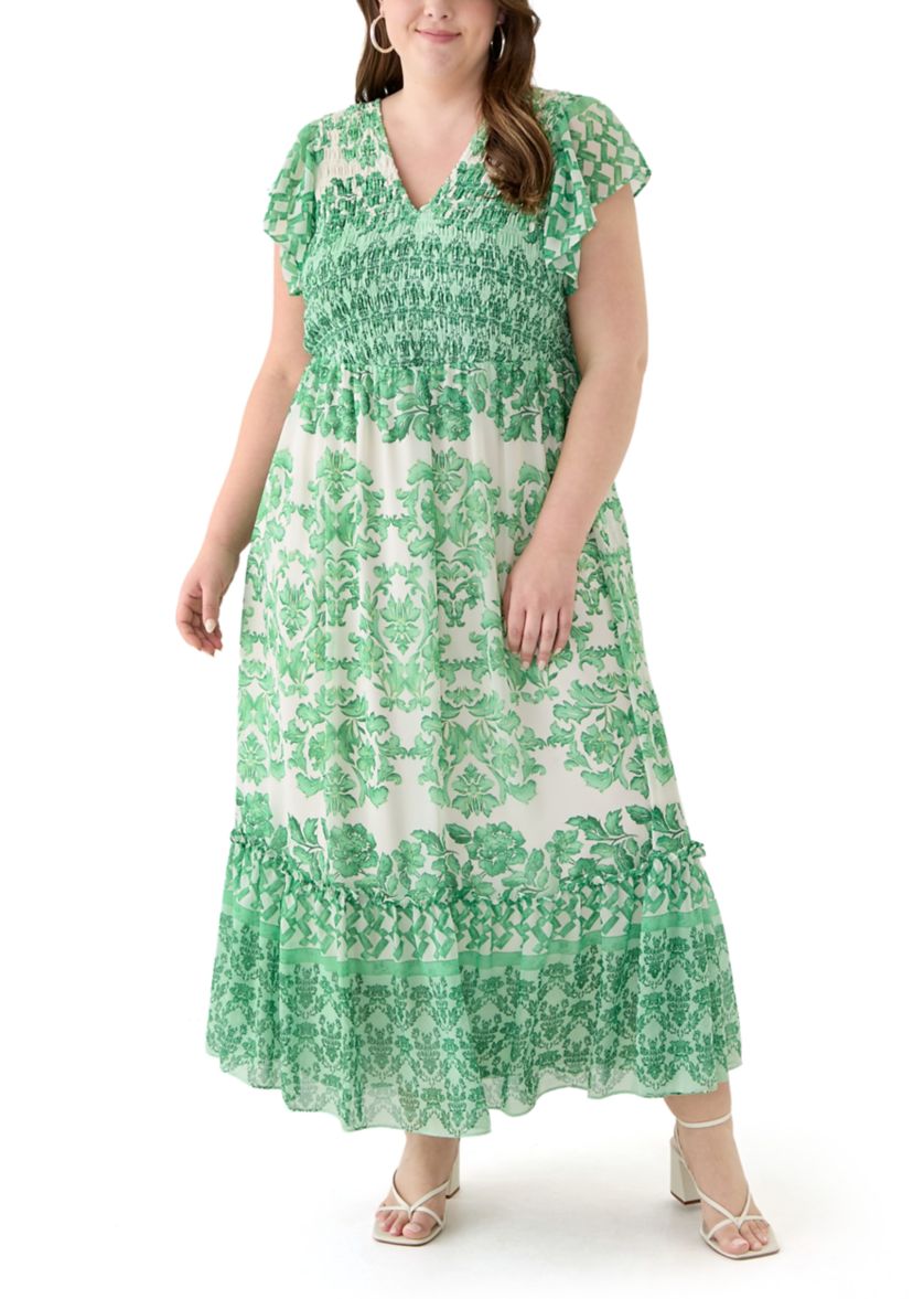Plus Size Printed V-Neck Chiffon Maxi Dress