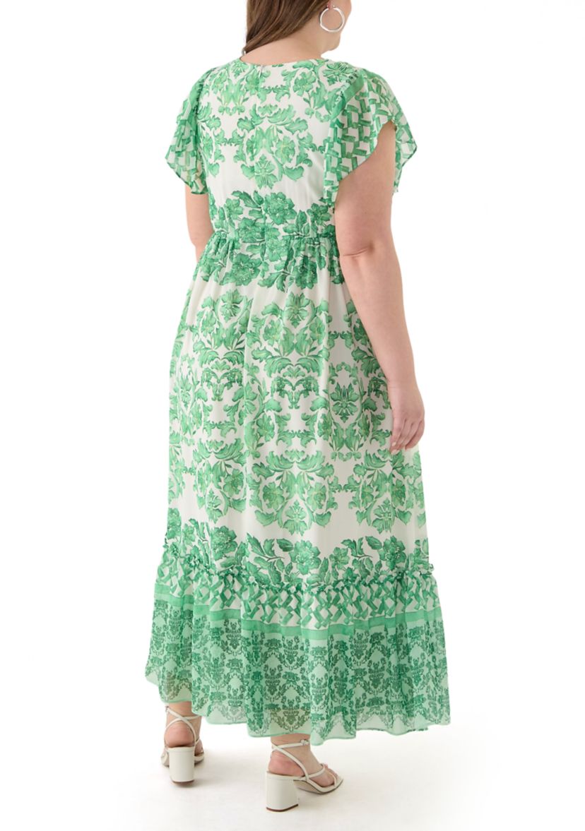 Plus Size Printed V-Neck Chiffon Maxi Dress