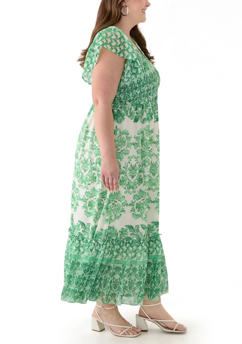 Plus Size Printed V-Neck Chiffon Maxi Dress