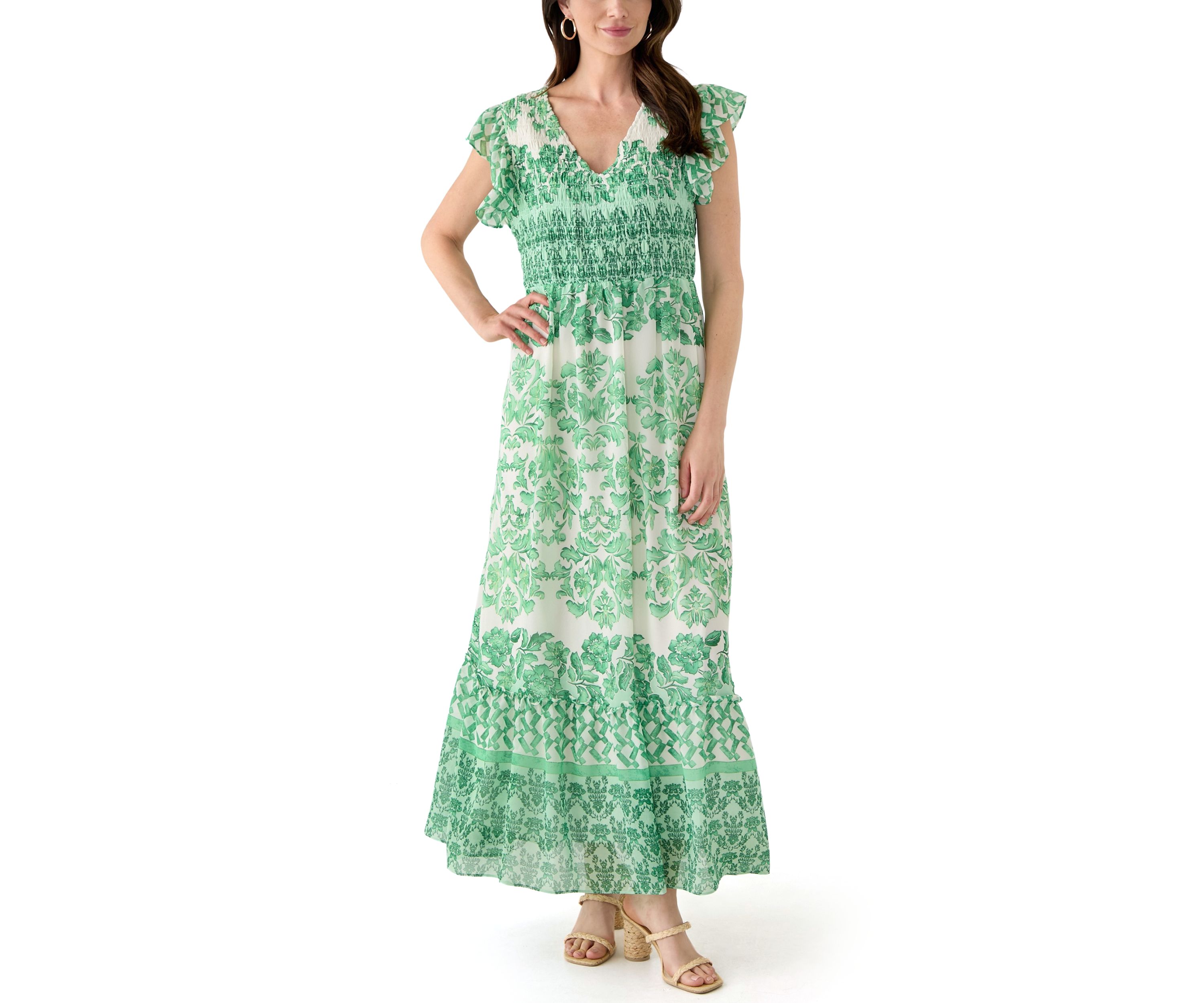 Womens Flutter Sleeve Floral Smock Dress